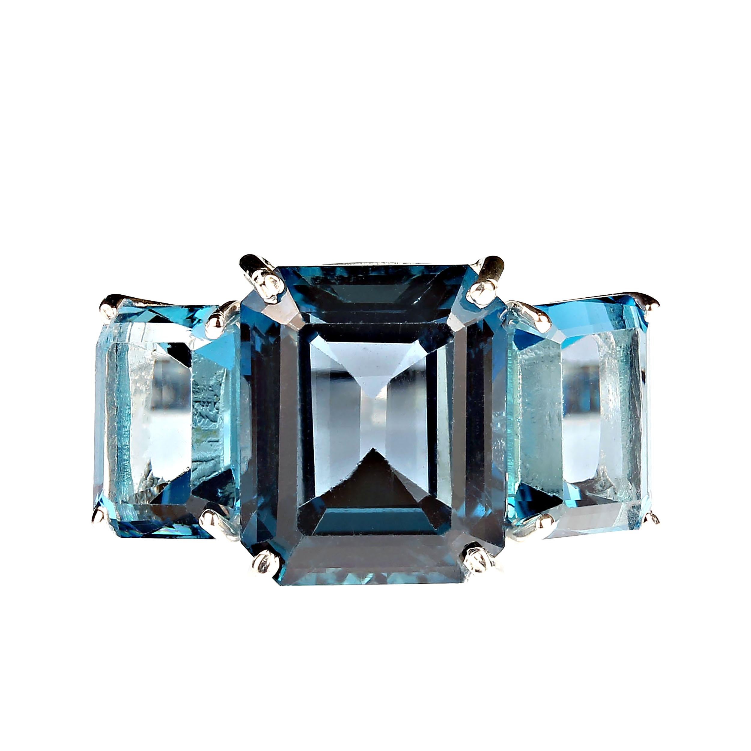 AJD Classic Three Stone Ring of Emerald Cut London Blue Topaz For Sale 2