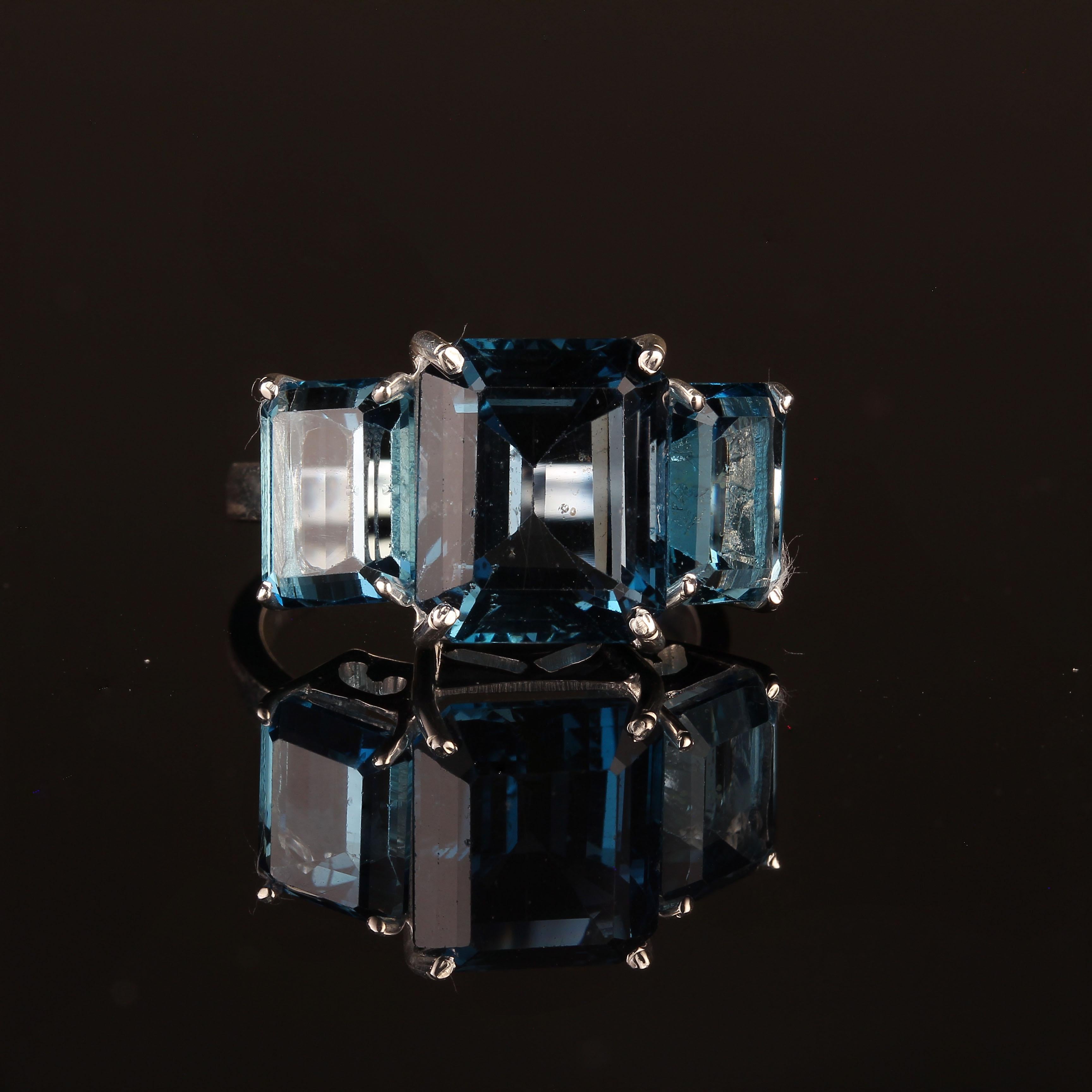 AJD Classic Three Stone Ring of Emerald Cut London Blue Topaz For Sale 3