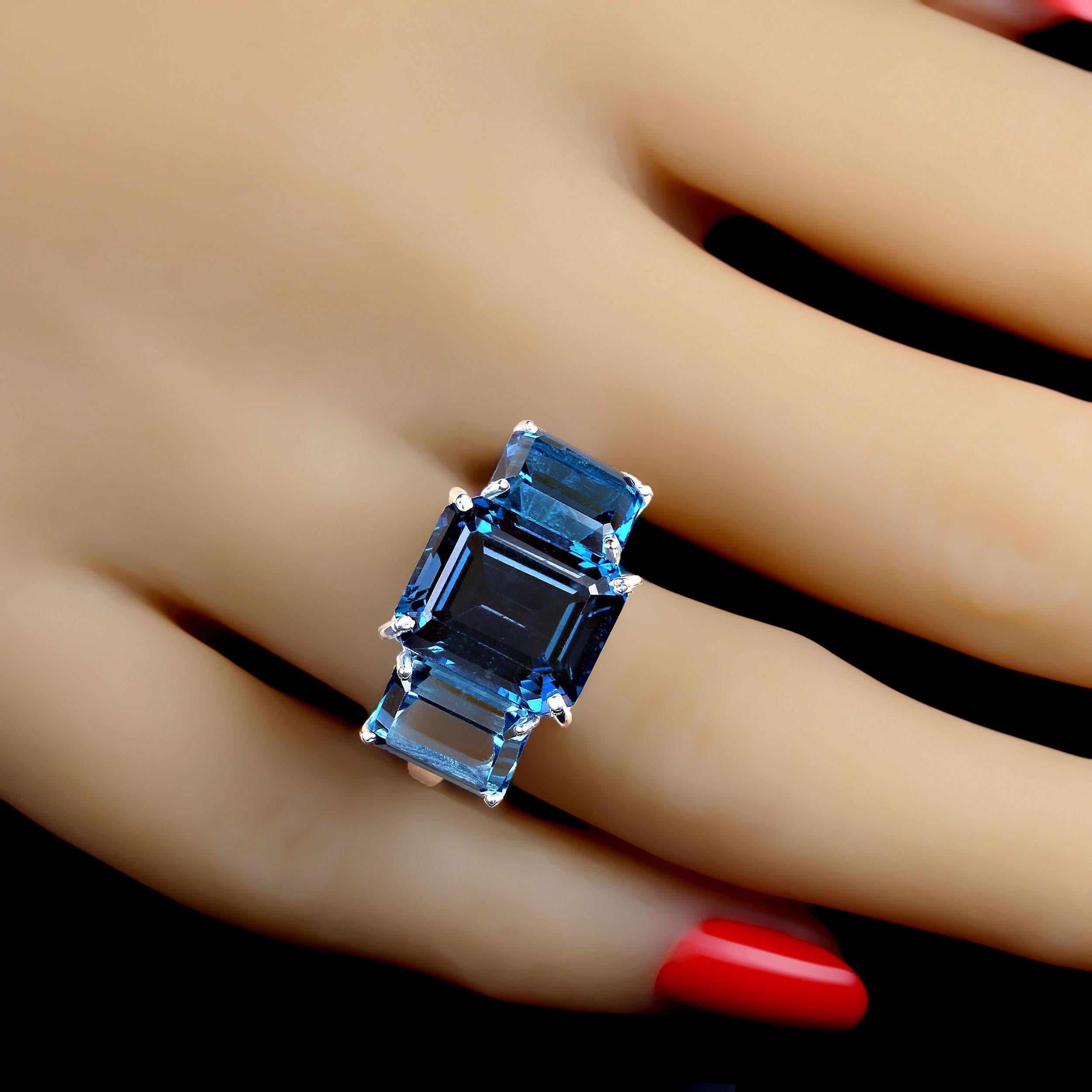 AJD Classic Three Stone Ring of Emerald Cut London Blue Topaz For Sale 4