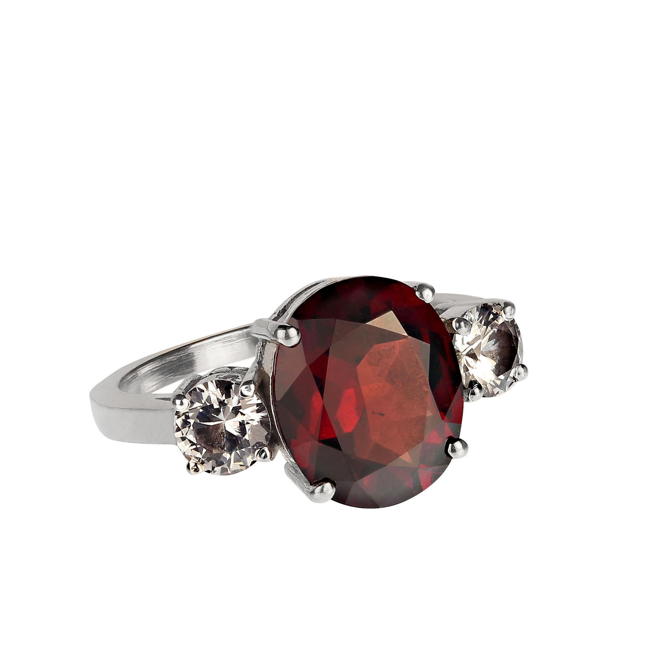 Artisan AJD Classic Three Stone Ring of Gorgeous Garnet and White Sapphires For Sale