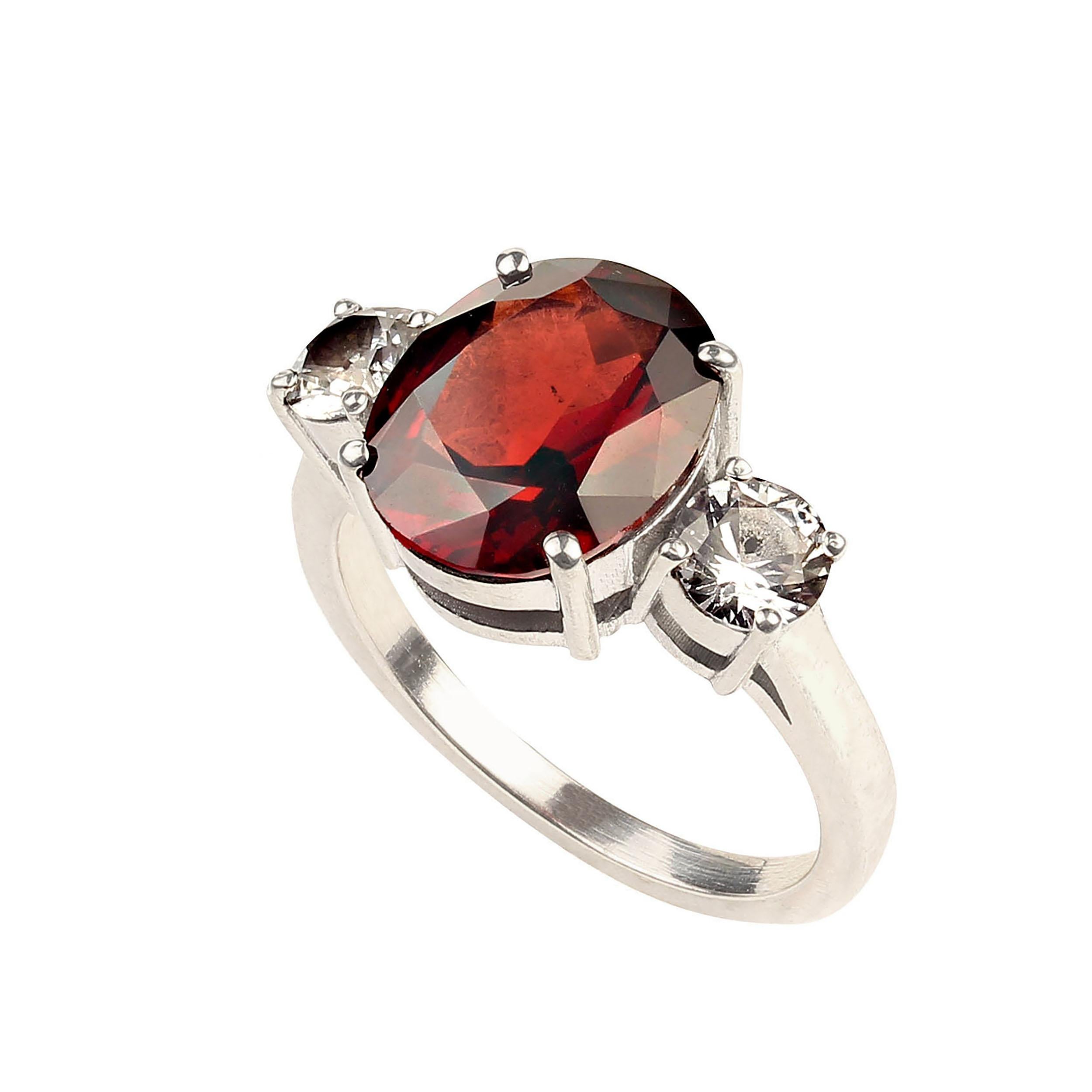 Oval Cut AJD Classic Three Stone Ring of Gorgeous Garnet and White Sapphires For Sale