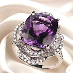 Cushion Cut Amethyst Cocktail Ring with Diamond Halo in 14K White Gold