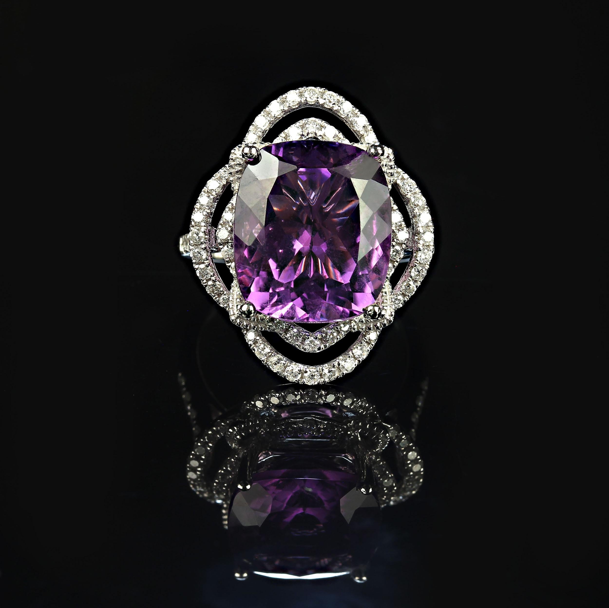 Cushion Cut AJD Cocktail ring of sparkling Amethyst and Diamonds February Birthstone For Sale