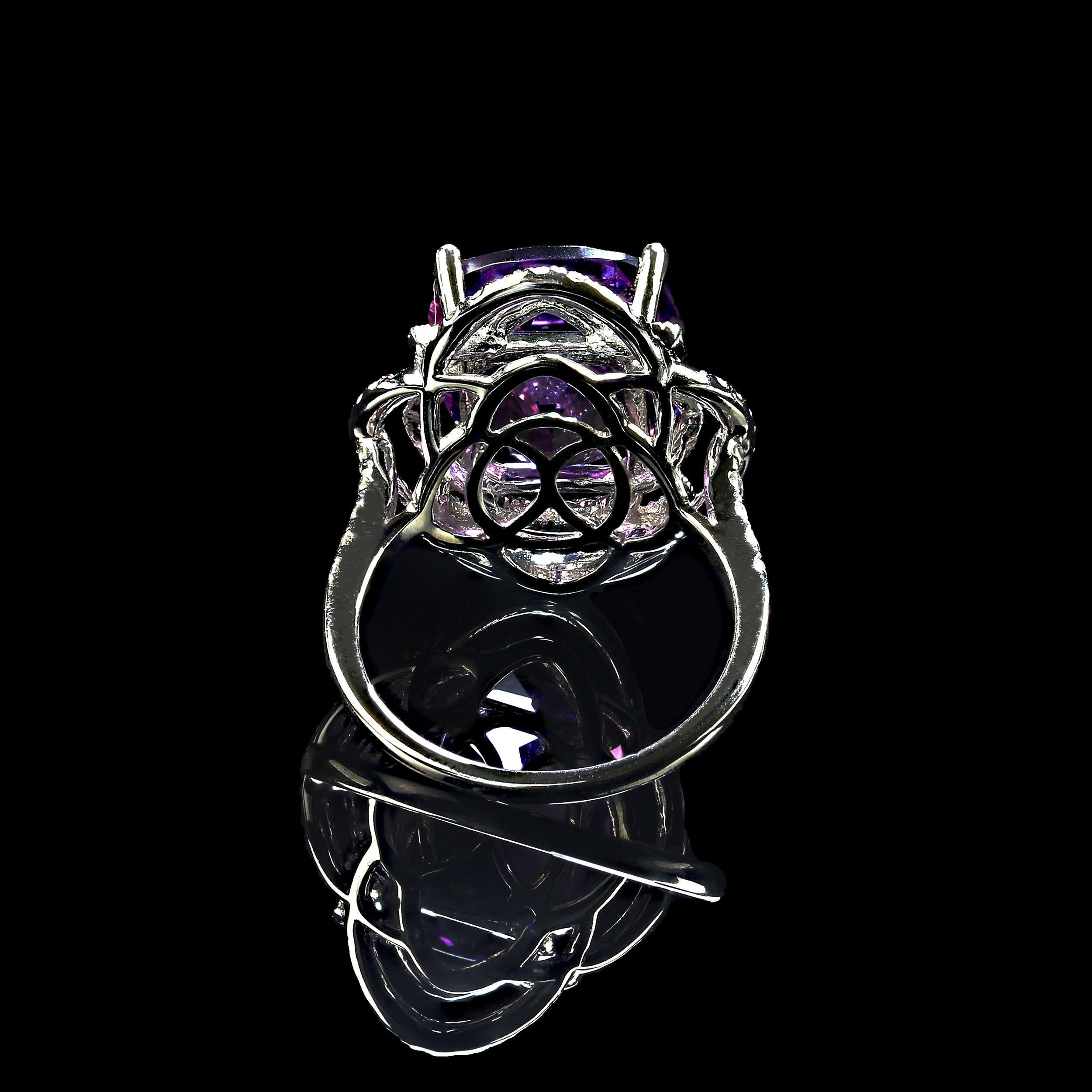 AJD Cocktail ring of sparkling Amethyst and Diamonds February Birthstone In New Condition For Sale In Raleigh, NC