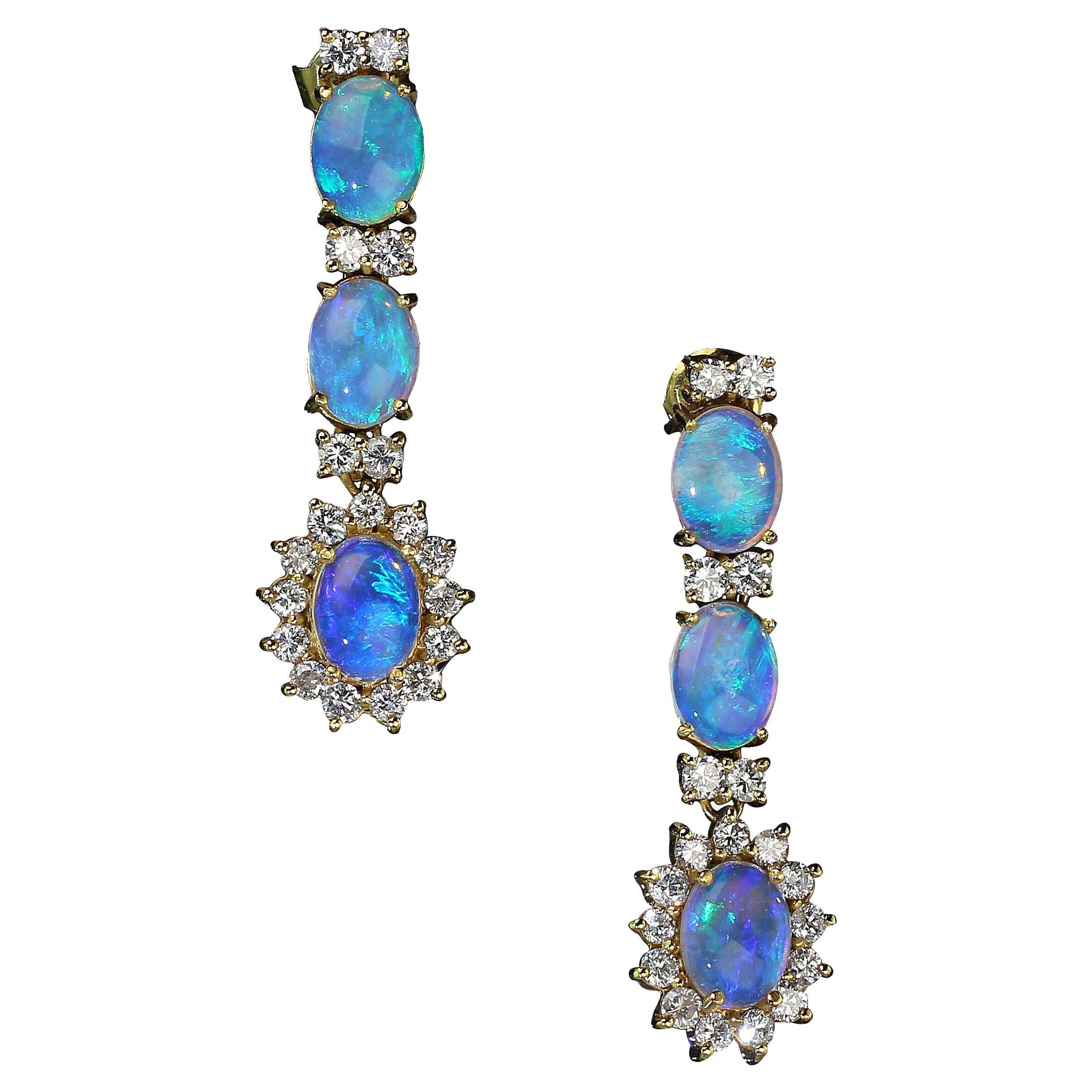 AJD Dangle Opal and Diamond 18 Karat Yellow Gold Earrings In New Condition In Raleigh, NC