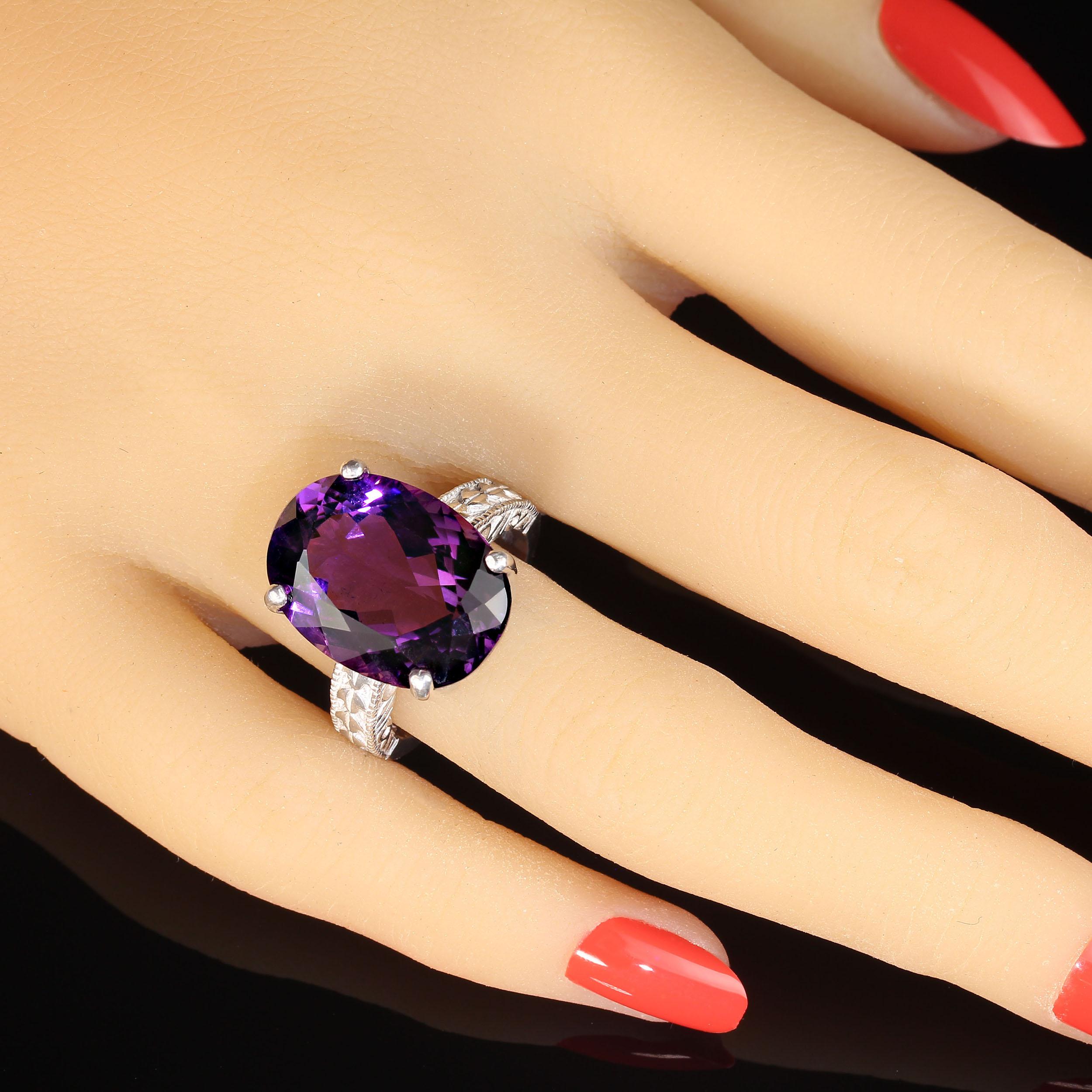 Oval Cut AJD Dazzling Oval Amethyst in Sterling Silver Engraved Ring  February Birthstone For Sale