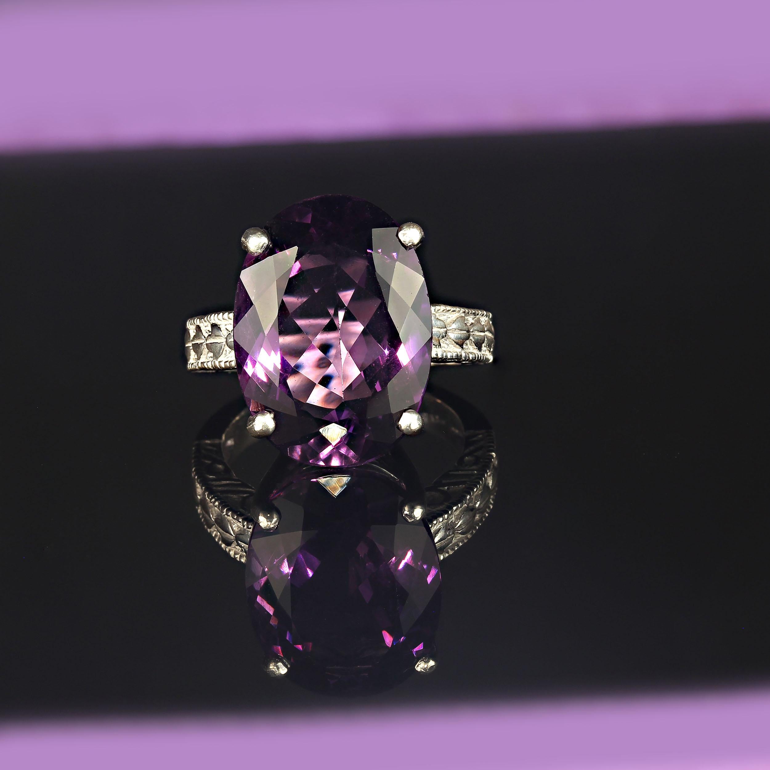 AJD Dazzling Oval Amethyst in Sterling Silver Engraved Ring  February Birthstone In New Condition For Sale In Raleigh, NC