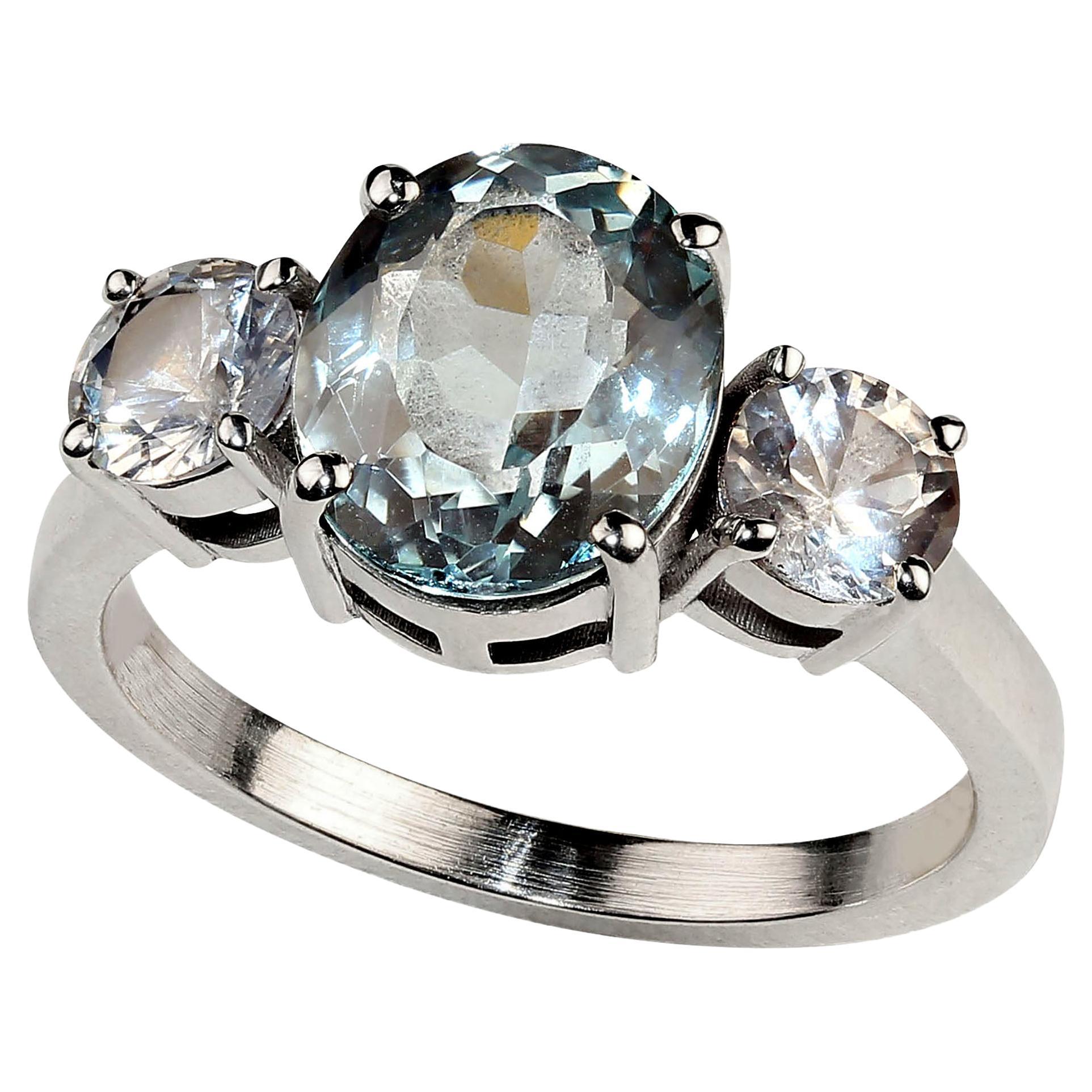Lovely 3ct. oval Aquamarine accented with 2 sparkling white Sapphires set in Sterling Silver. The white Sapphires are 0.82cts. This classic design is perfect for all occasions. Legend says that Neptune, the King of the Sea, gave Aquamarine as gifts
