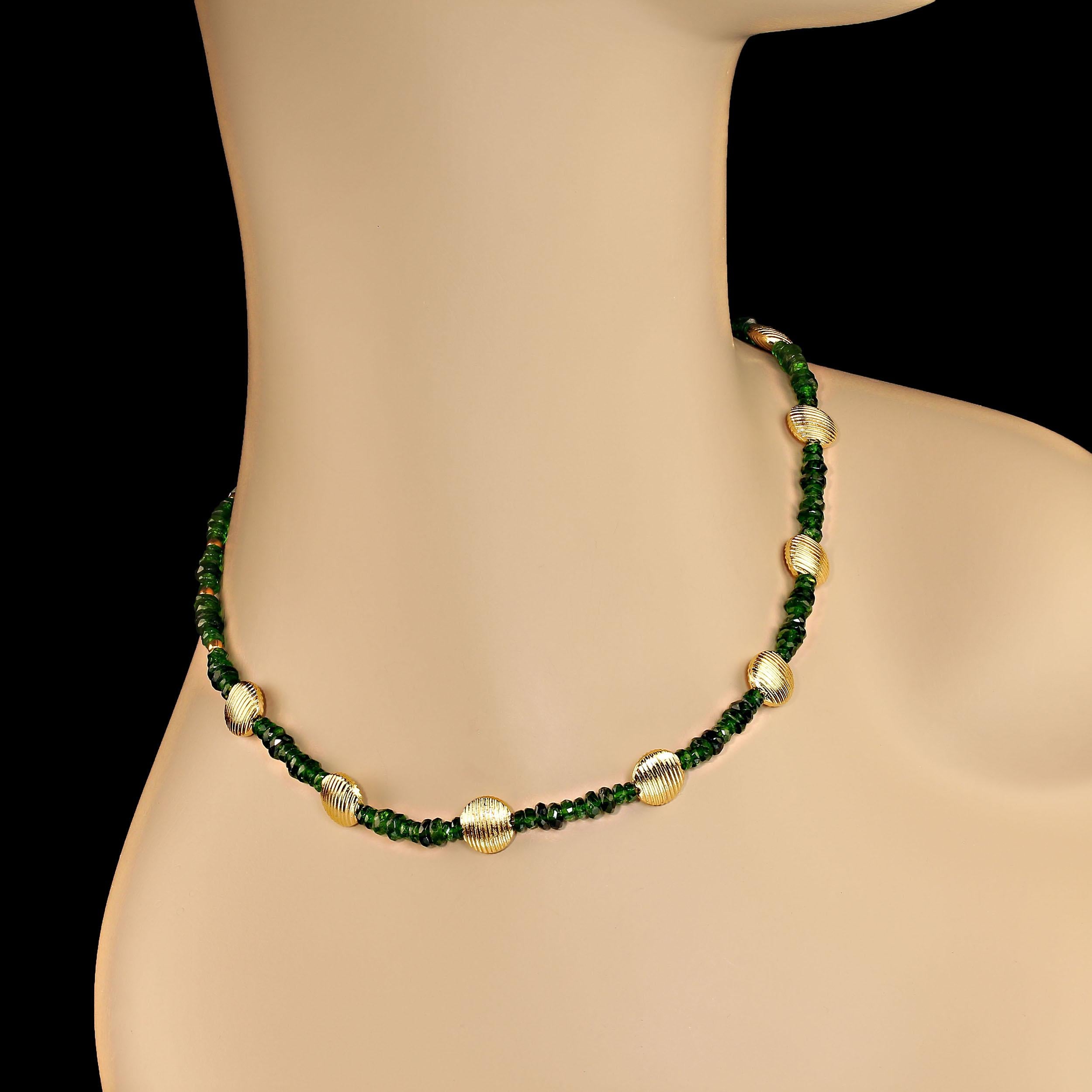 This is a full-on GREEN chrome diopside necklace.  If you want a green necklace this is for you.  This necklace has two stations on the gold-plated toggle clasp, 17 and 18 inches. The chrome diopside rondelles are 3 and 5 mm and accented with
