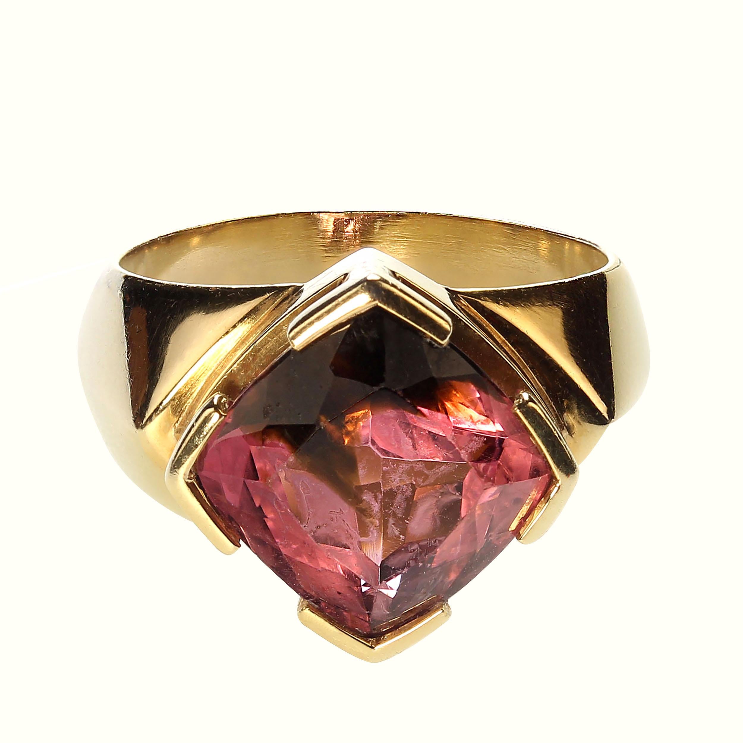 Cushion Cut AJD Delightful Pink & Green Tourmaline in 18K Yellow Ring Perfect Gift  For Sale