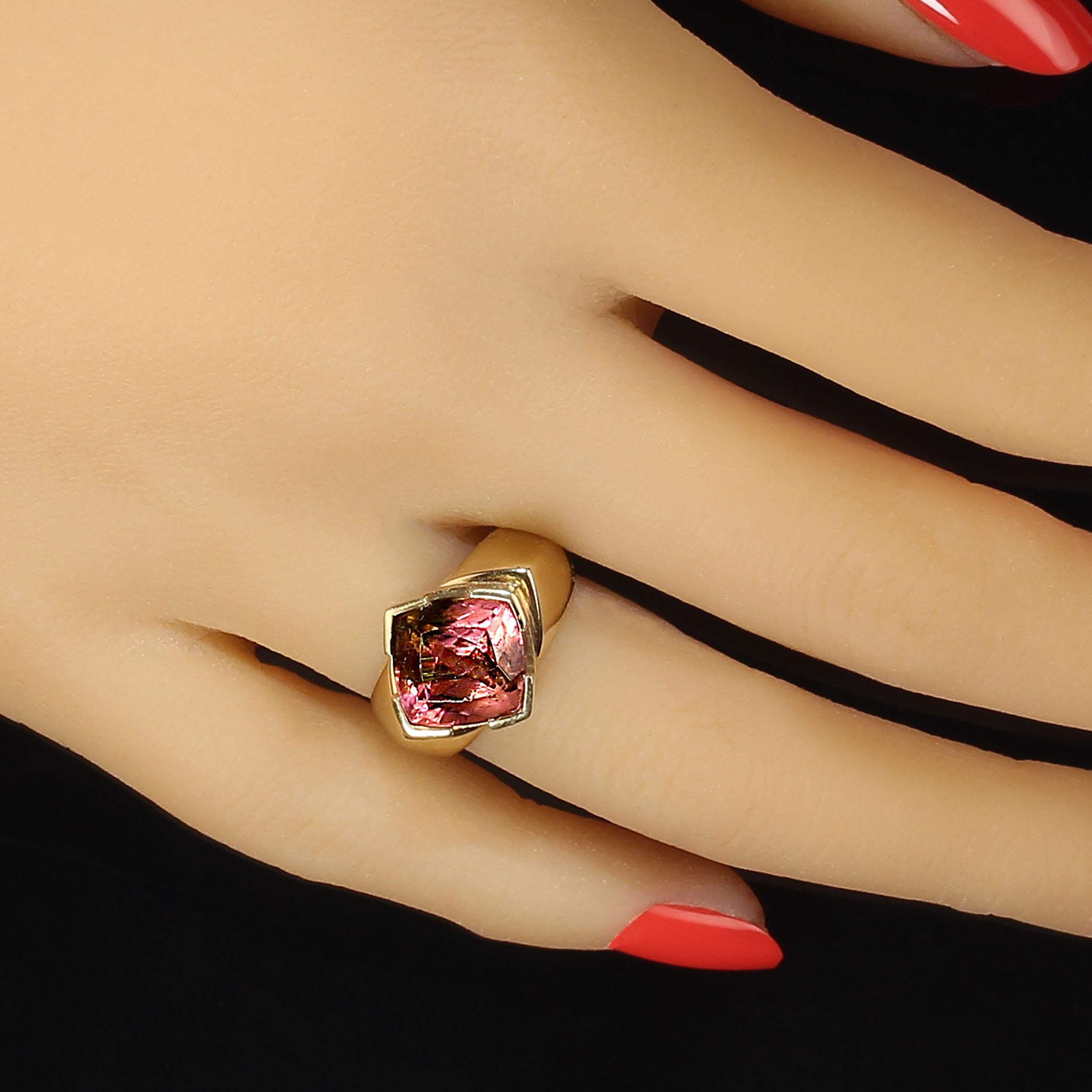 Women's or Men's AJD Delightful Pink & Green Tourmaline in 18K Yellow Ring Perfect Gift For Sale