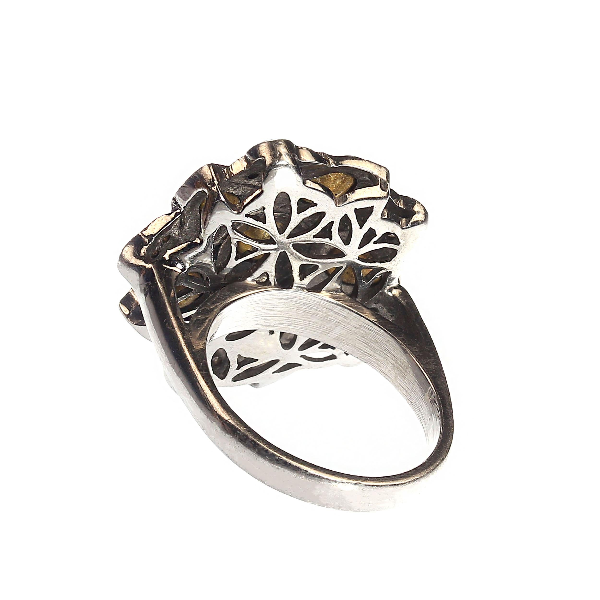 Artisan AJD Diamond Slices on Antiqued Sterling Silver Ring  For Sale