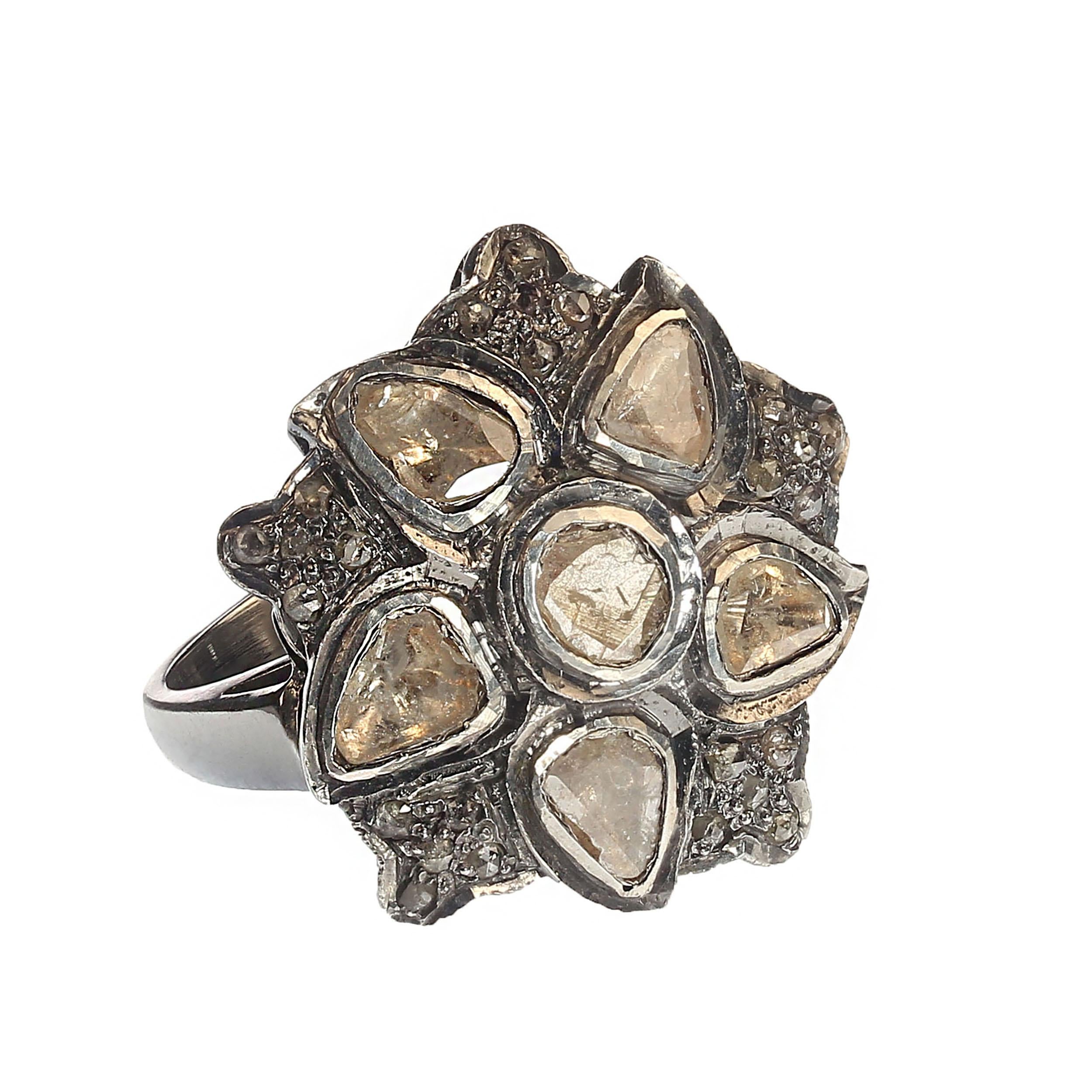 AJD Diamond Slices on Antiqued Sterling Silver Ring  In New Condition For Sale In Raleigh, NC