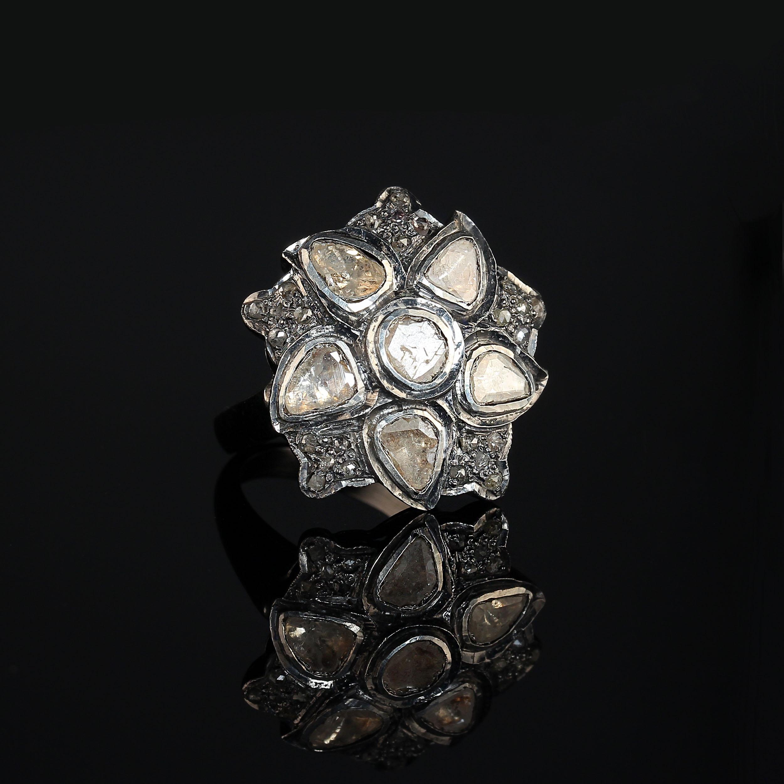 AJD Diamond Slices on Antiqued Sterling Silver Ring For Sale 2