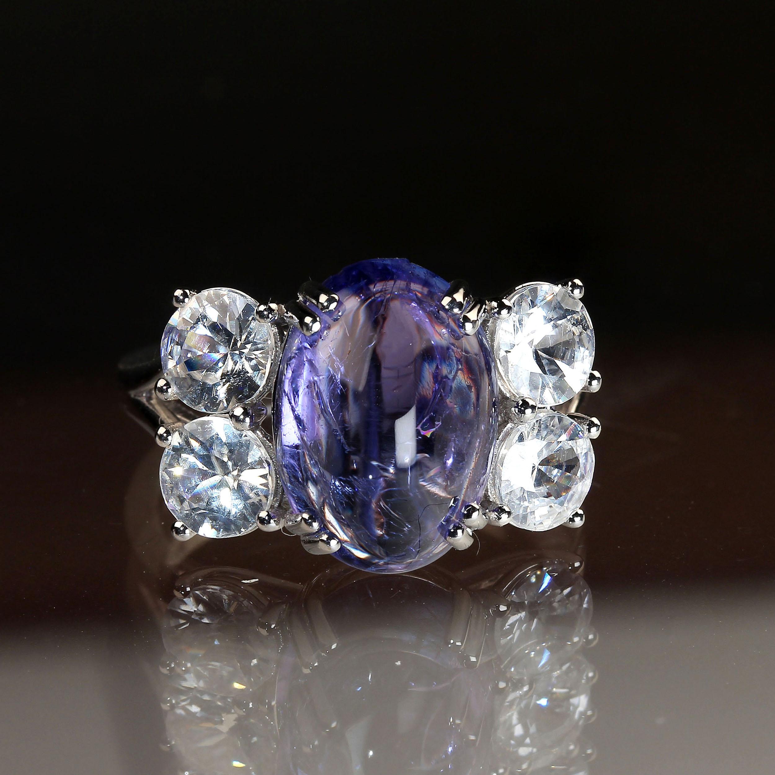 AJD Dinner Ring of Cabochon Tanzanite and Sparkling Genuine Zircons For Sale 1