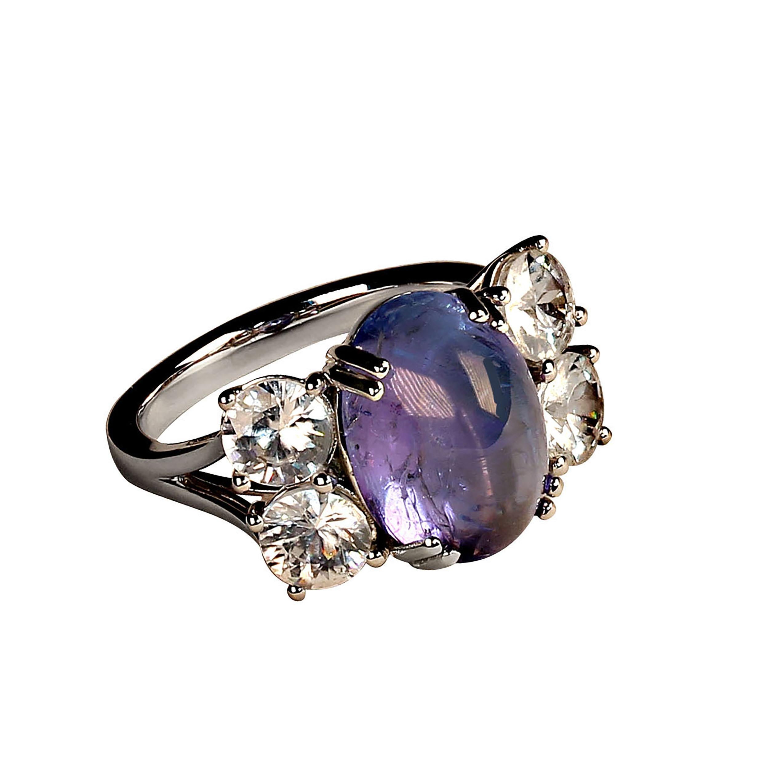 AJD Dinner Ring of Cabochon Tanzanite and Sparkling Genuine Zircons For Sale 2