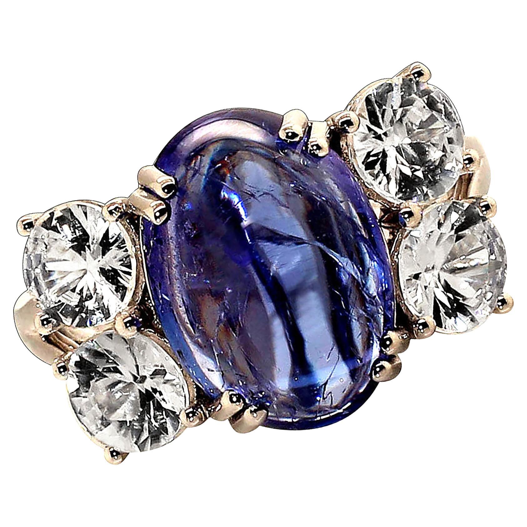AJD Dinner Ring of Cabochon Tanzanite and Sparkling Genuine Zircons