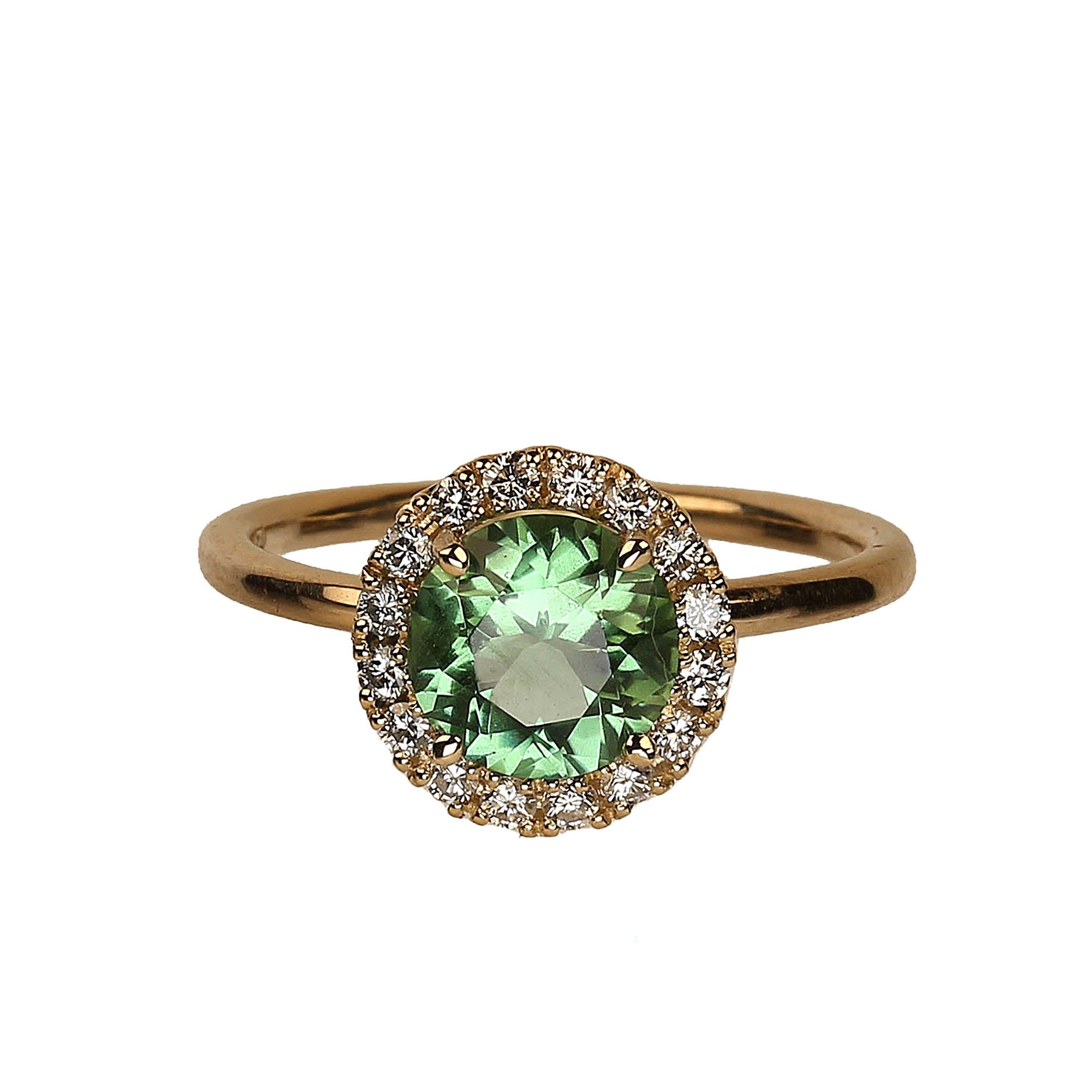 Artisan AJD Distinctive Ring of Round Green Tourmaline in Diamond Halo 14K Yellow Gold For Sale