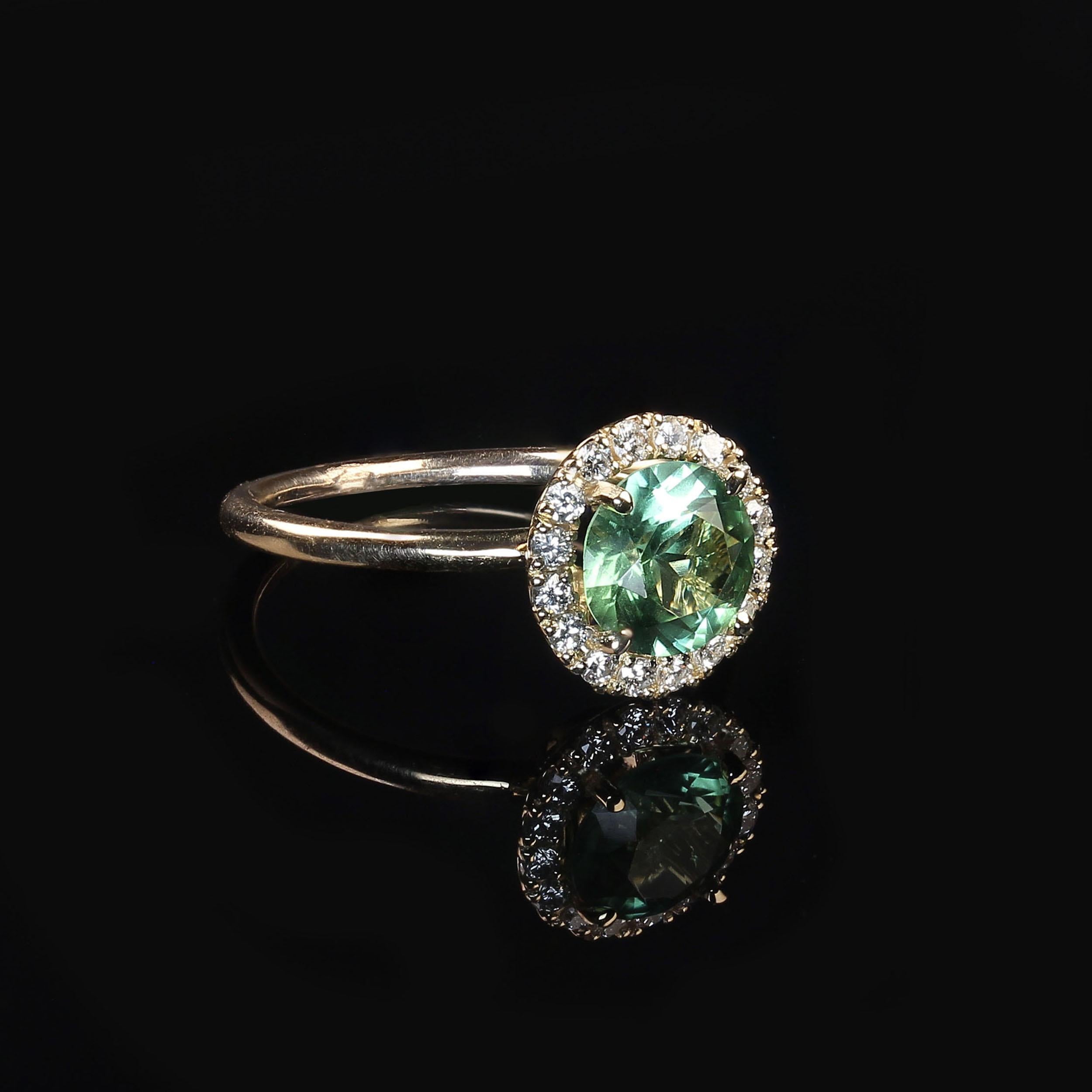 Round Cut AJD Distinctive Ring of Round Green Tourmaline in Diamond Halo 14K Yellow Gold For Sale