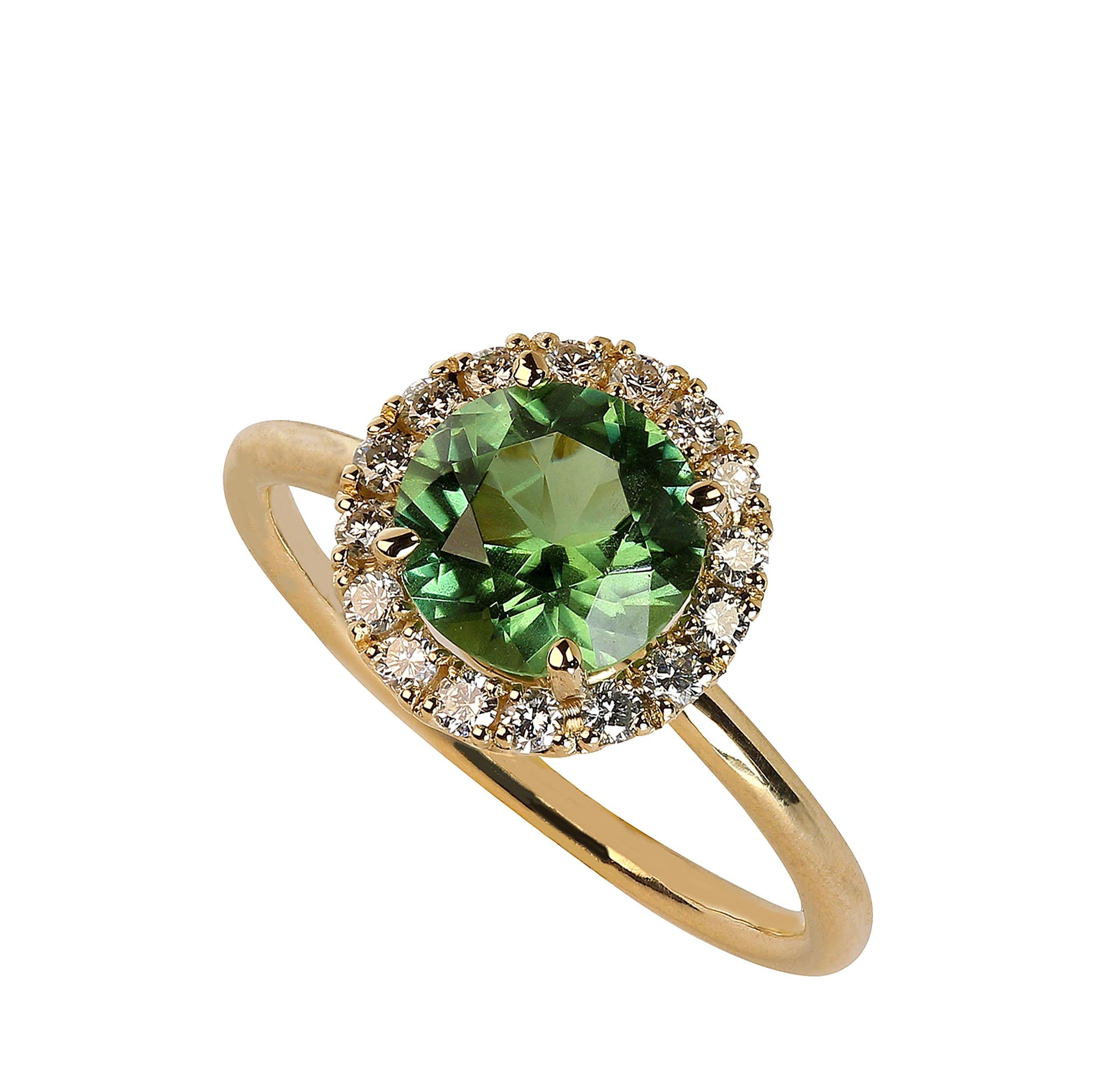 AJD Distinctive Ring of Round Green Tourmaline in Diamond Halo 14K Yellow Gold In New Condition For Sale In Raleigh, NC