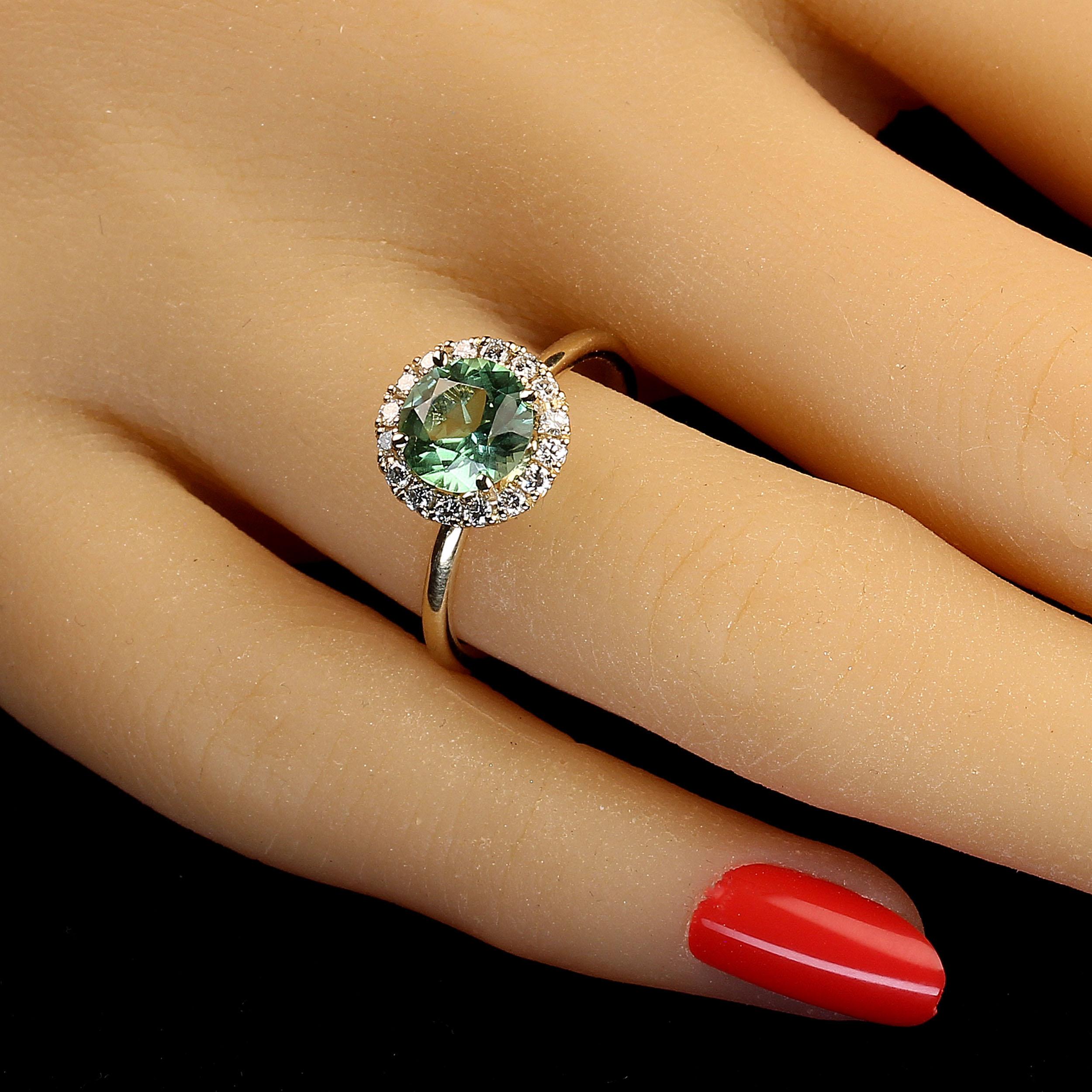 Women's or Men's AJD Distinctive Ring of Round Green Tourmaline in Diamond Halo 14K Yellow Gold For Sale