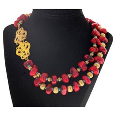 AJD Double Strand Coral, Sparkling Goldy Rondels &Turquoise Elegant Necklace