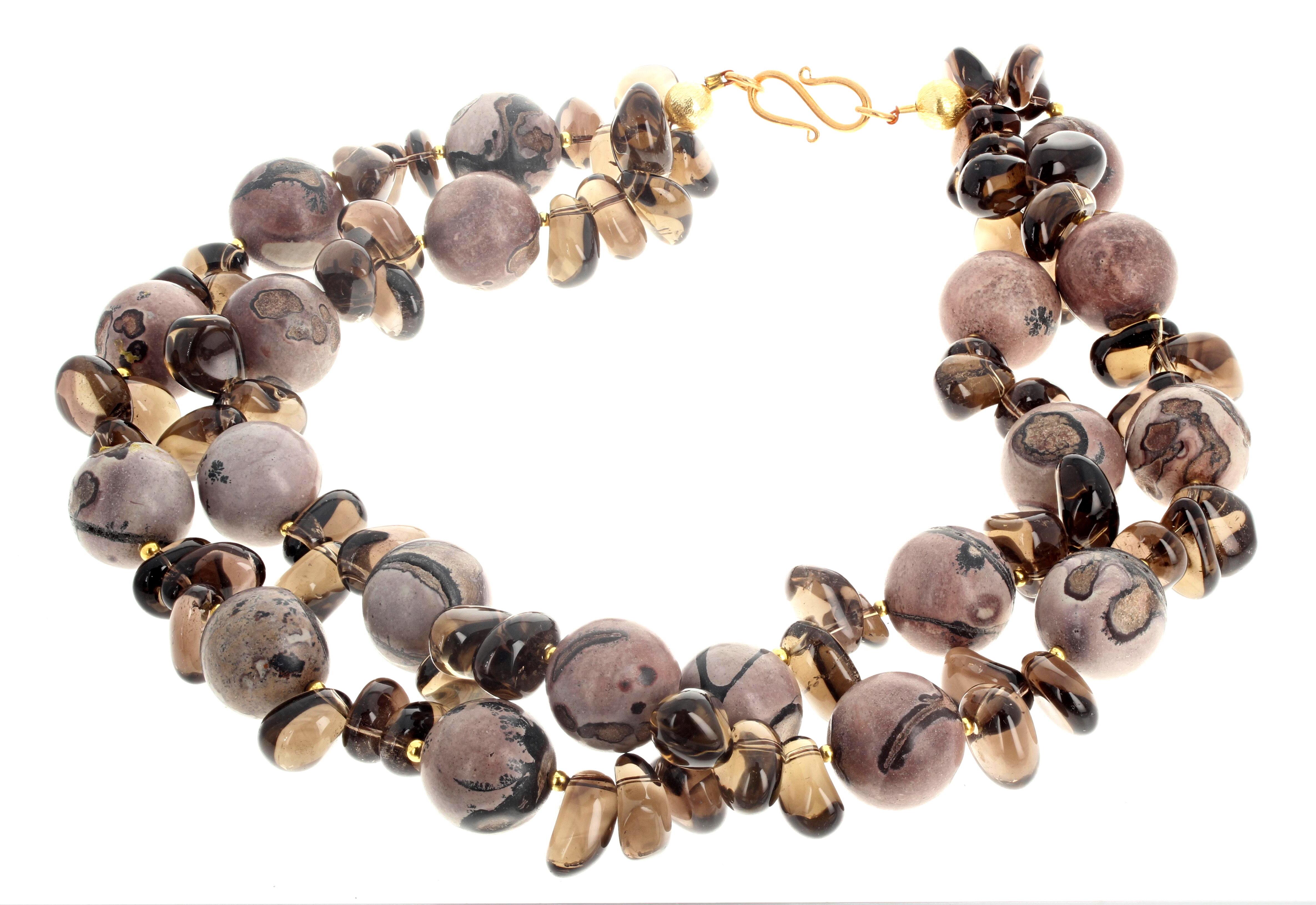 Mixed Cut AJD Double Strand Absolutely Gorgeous Natural Jasper &Real Smoky Quartz Necklace For Sale