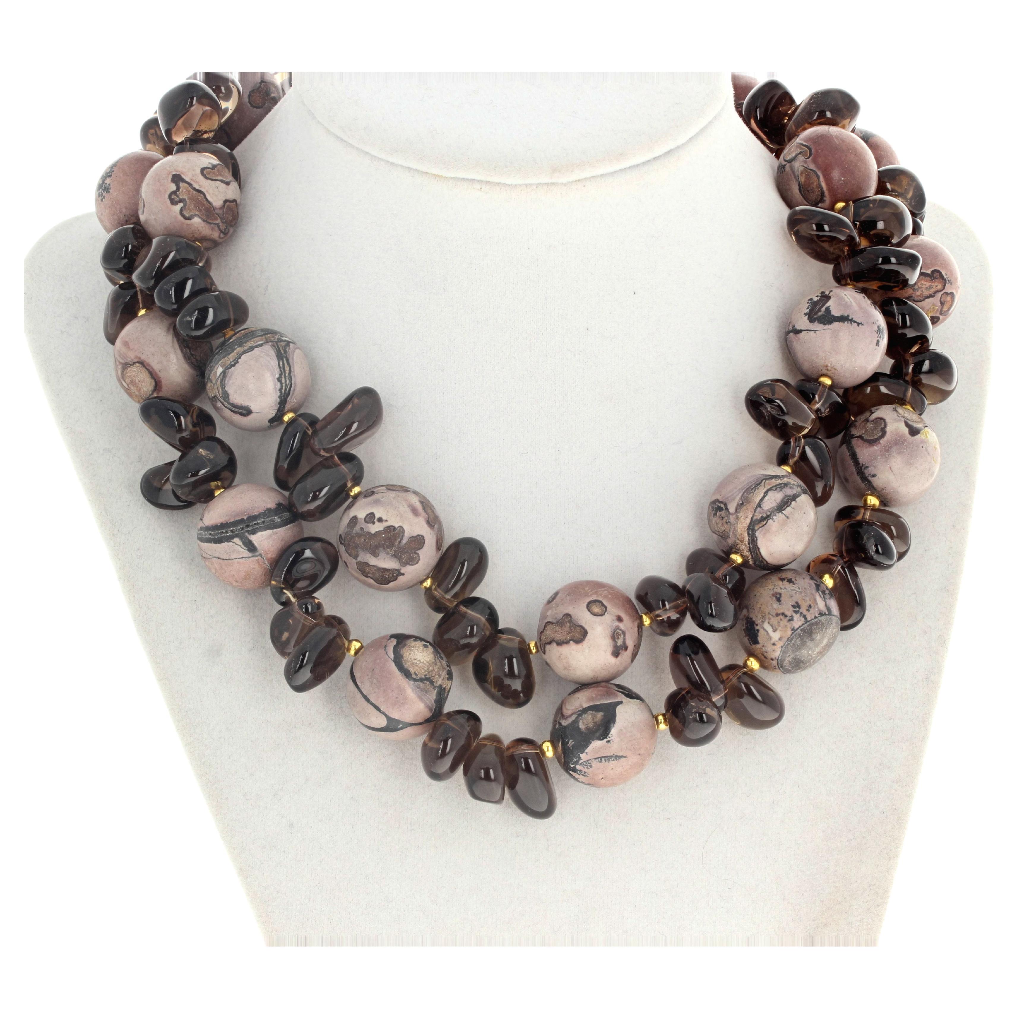 AJD Double Strand Absolutely Gorgeous Natural Jasper &Real Smoky Quartz Necklace In New Condition For Sale In Raleigh, NC