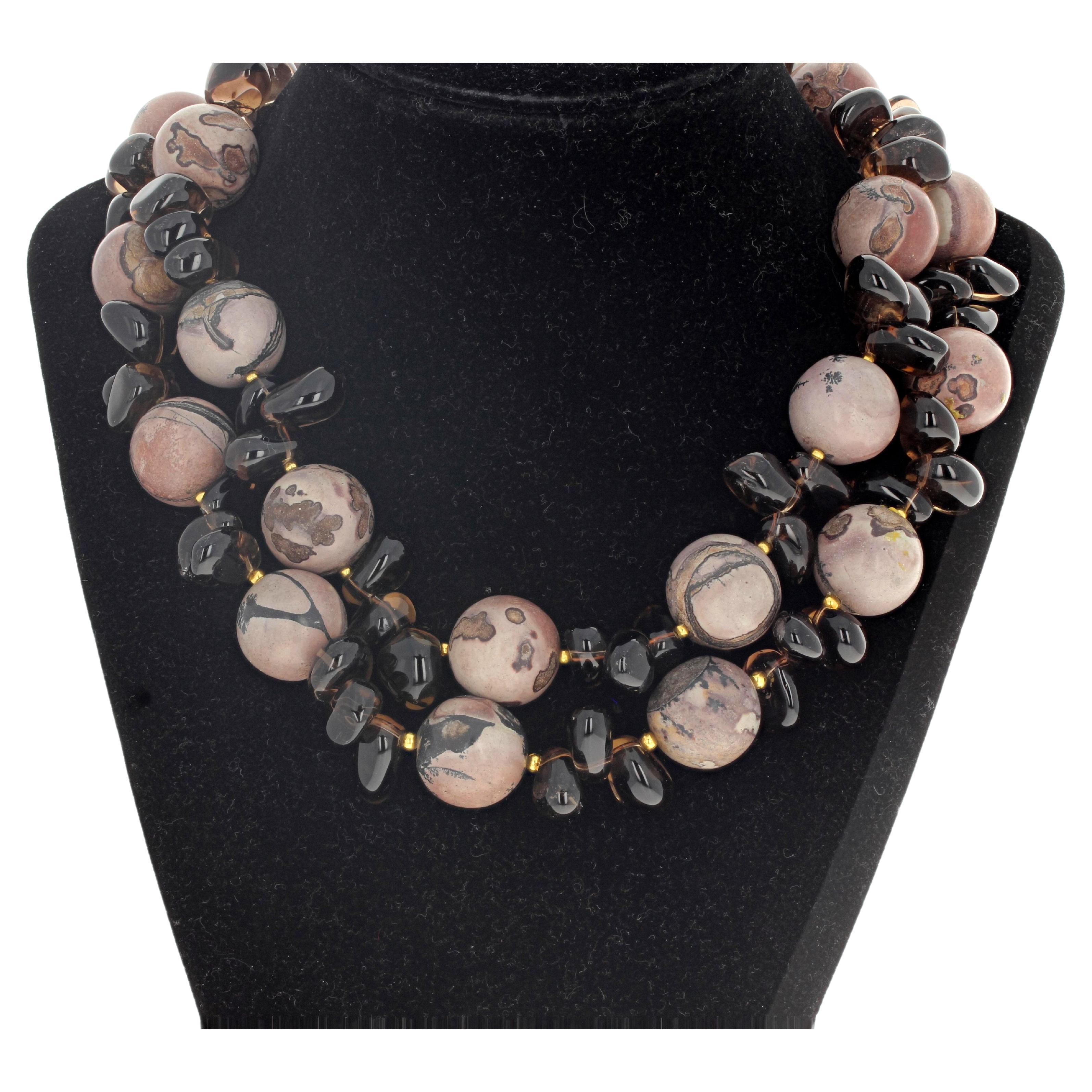 AJD Double Strand Absolutely Gorgeous Natural Jasper &Real Smoky Quartz Necklace For Sale