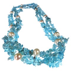 AJD Double Strand Necklace of Neon Blue Apatite Chips and White Freshwater Pearl