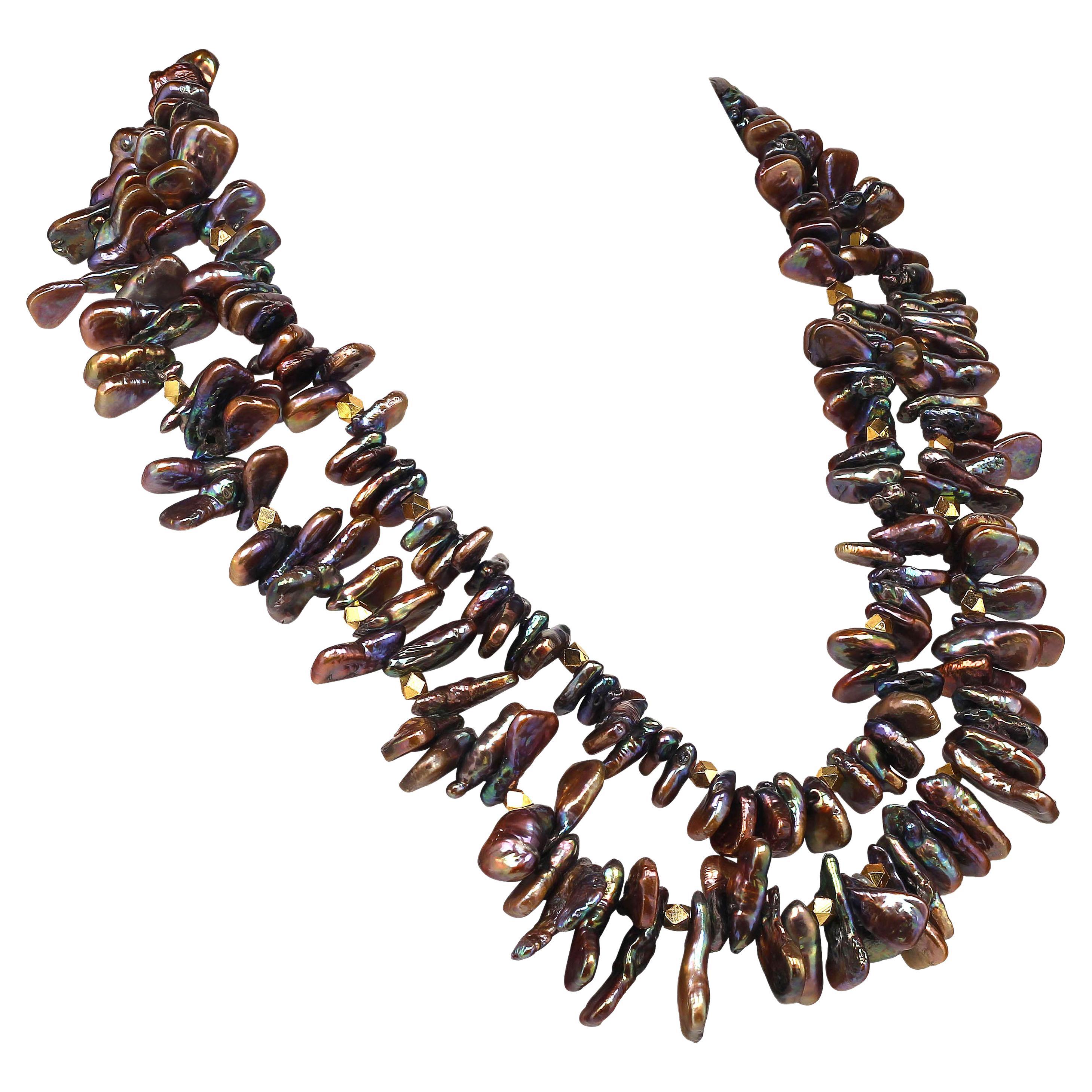 AJD Collar de doble vuelta de perlas bronceadas  Acentos Dorados 21 Pulgadas  Gran regalo Artesano en venta