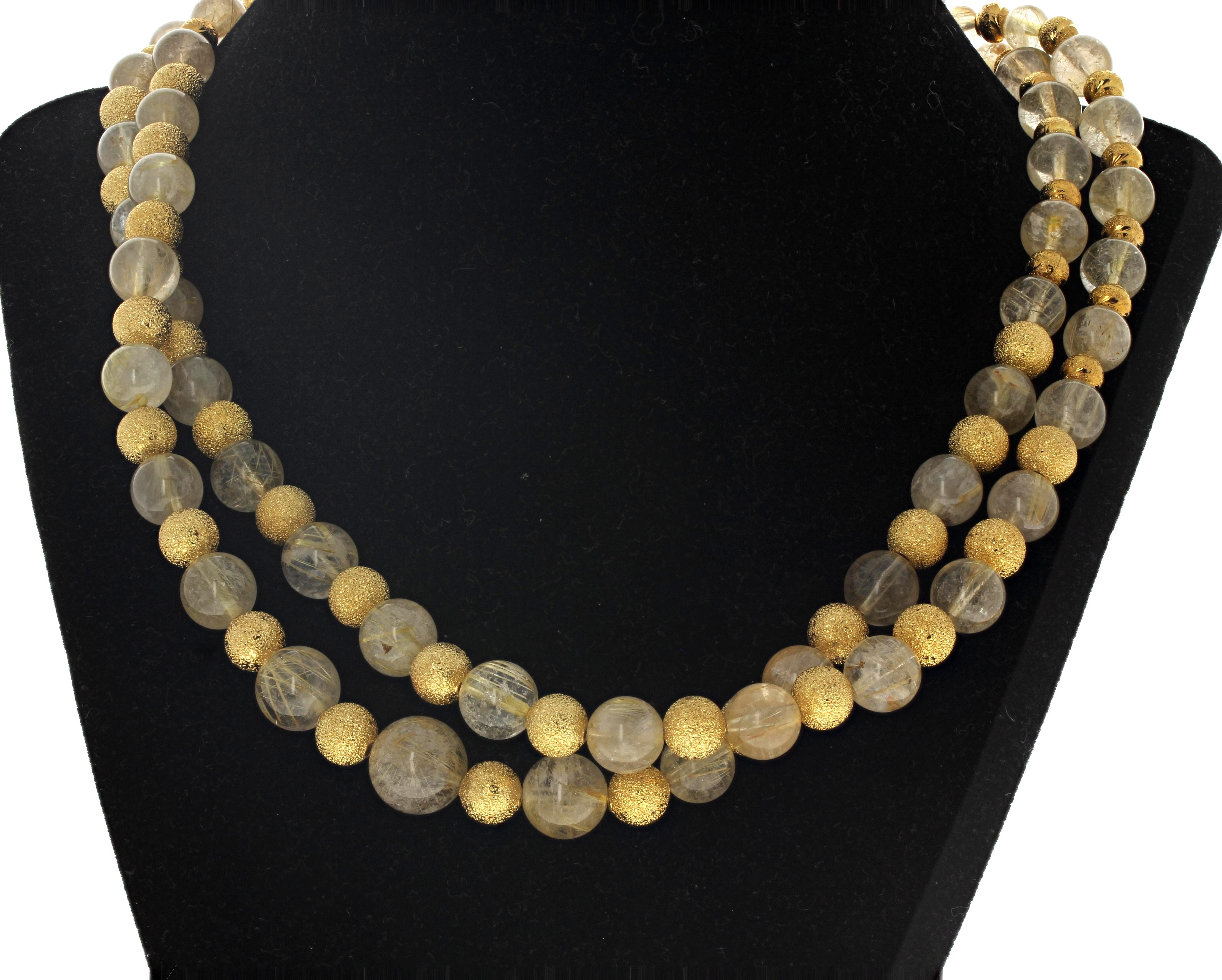 Round Cut AJD Double Strand of Glowing Rutilated Quartz & Gold Plated Rondels 19