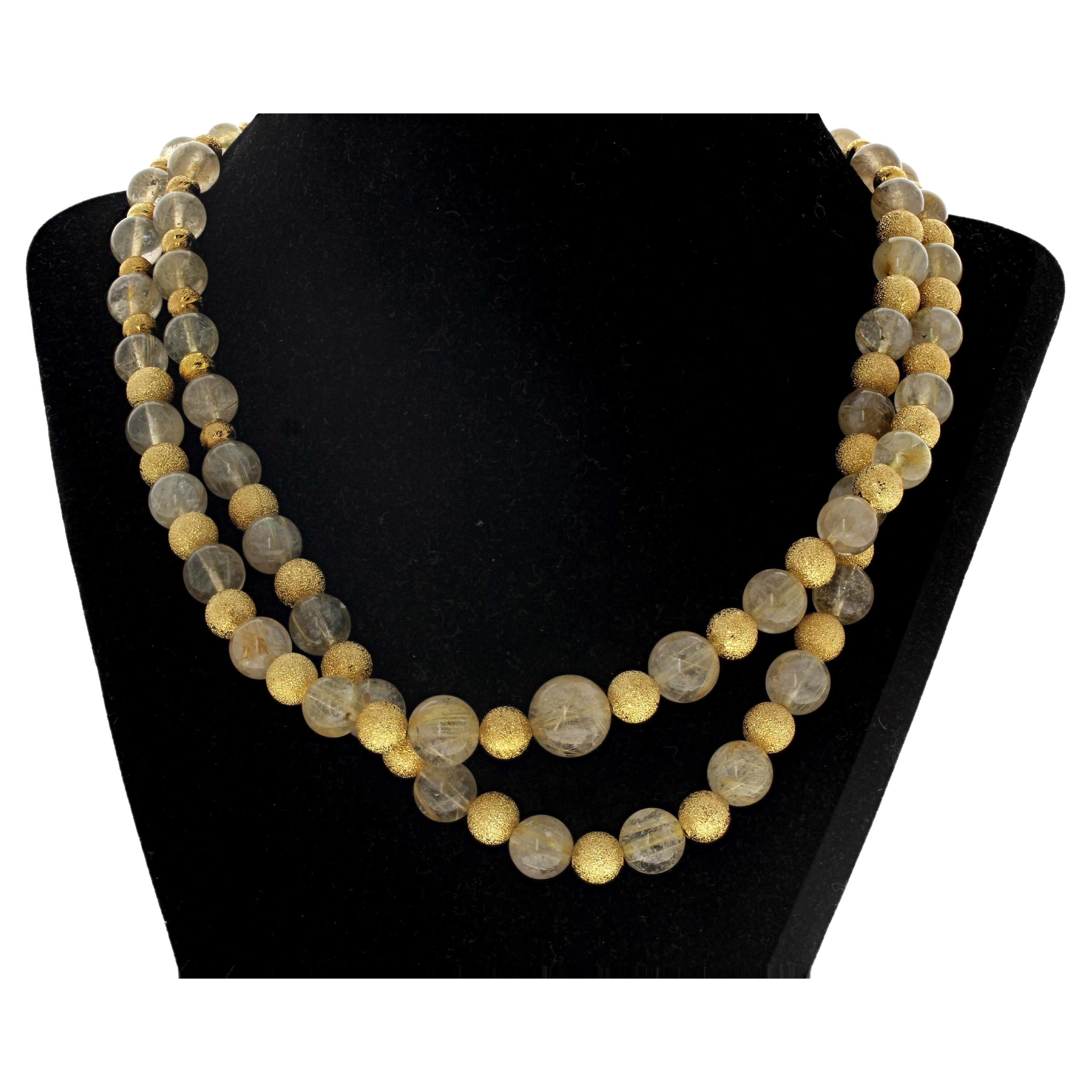 AJD Double Strand of Glowing Rutilated Quartz & Gold Plated Rondels 19" Necklace For Sale