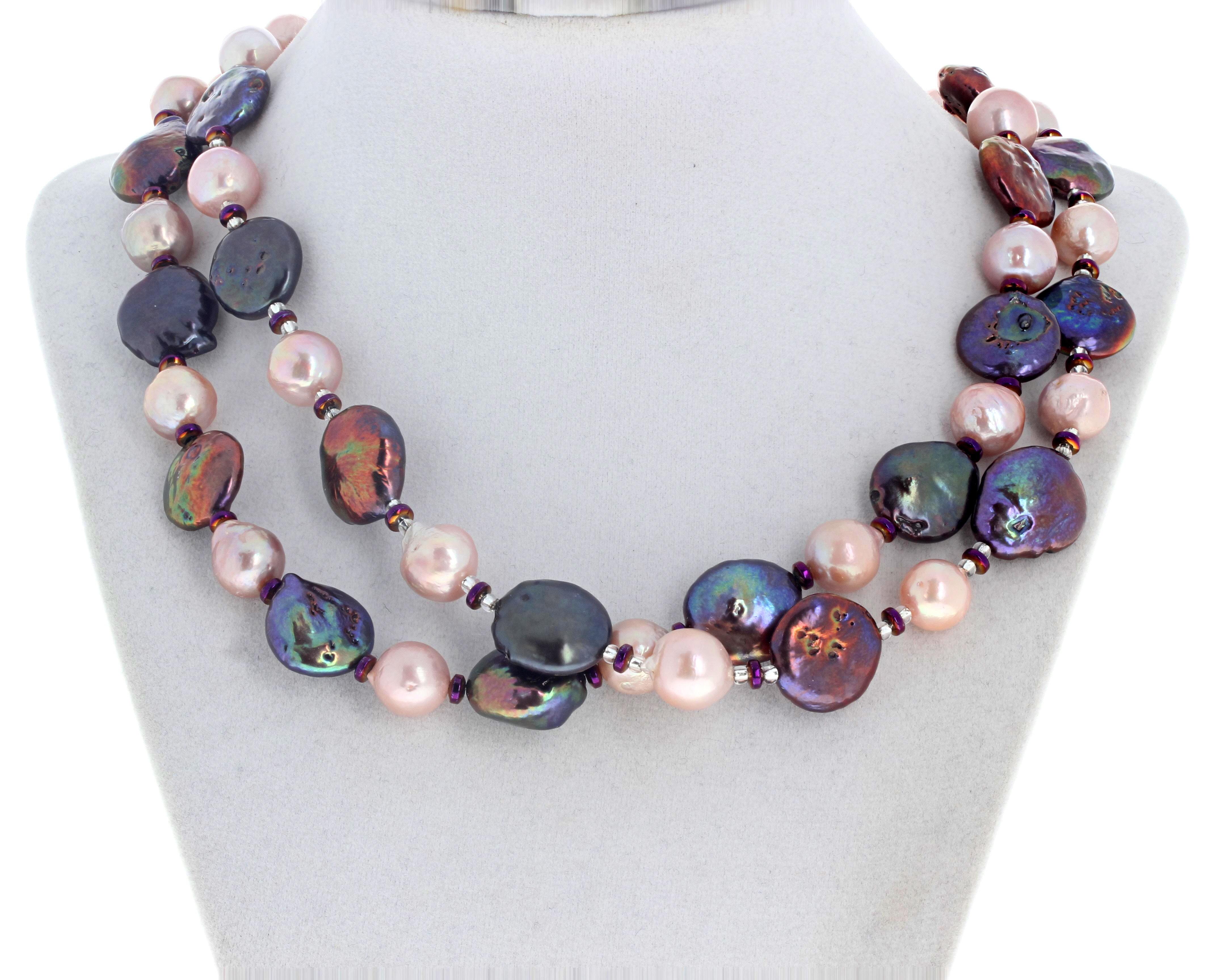 AJD Double Strand of Real Natural Pink Cultured Pearls&Keshi Pearls 19" Necklace