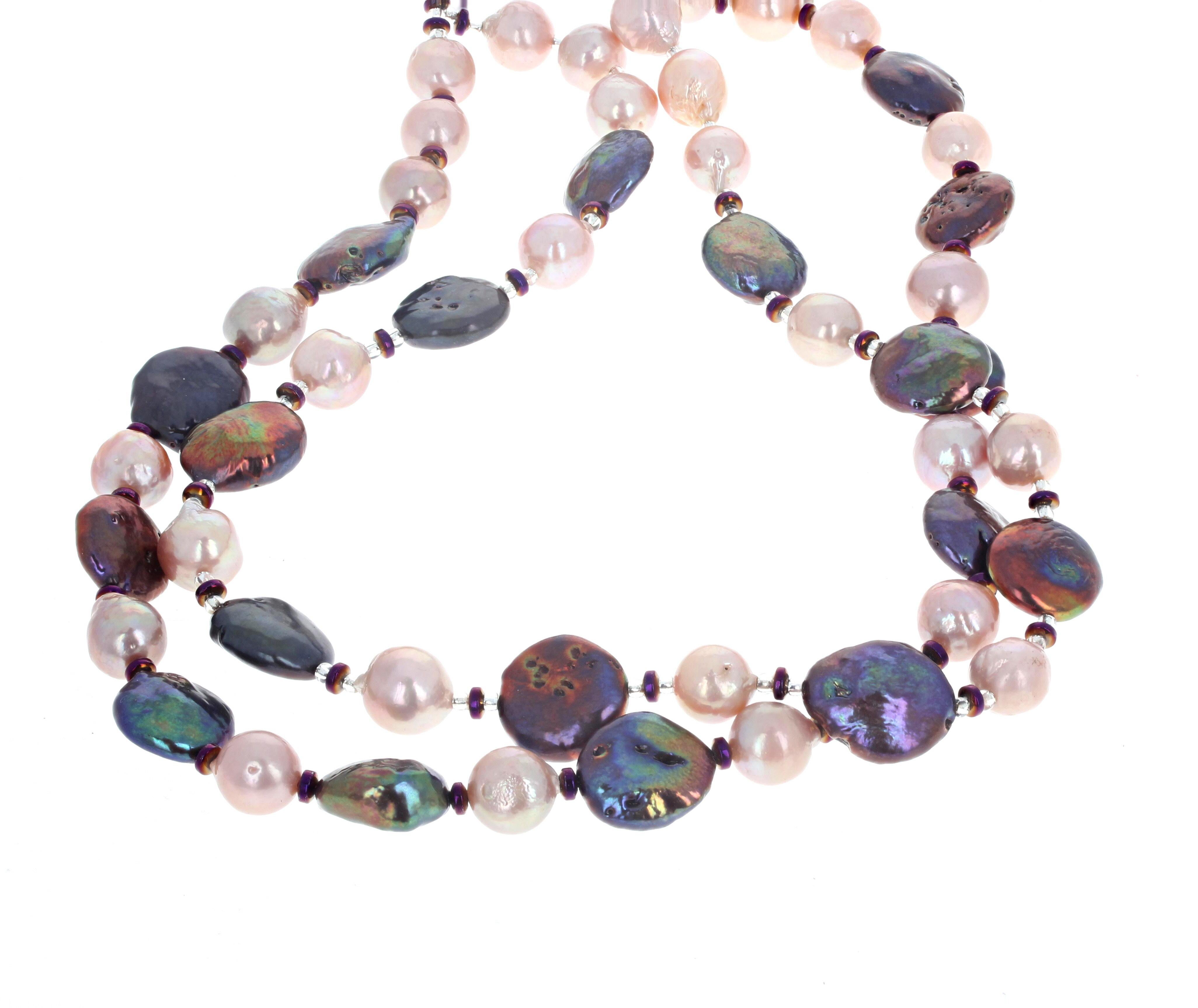 Women's or Men's AJD Double Strand of Real Natural Pink Cultured Pearls&Keshi Pearls 19