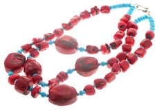 AJD Double Strand of Dramatic Natural Red Coral & Real Blue Turquoise Necklace