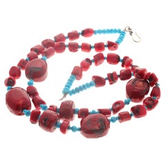 AJD Double Strand of Dramatic Natural Red Coral & Real Blue Turquoise Necklace