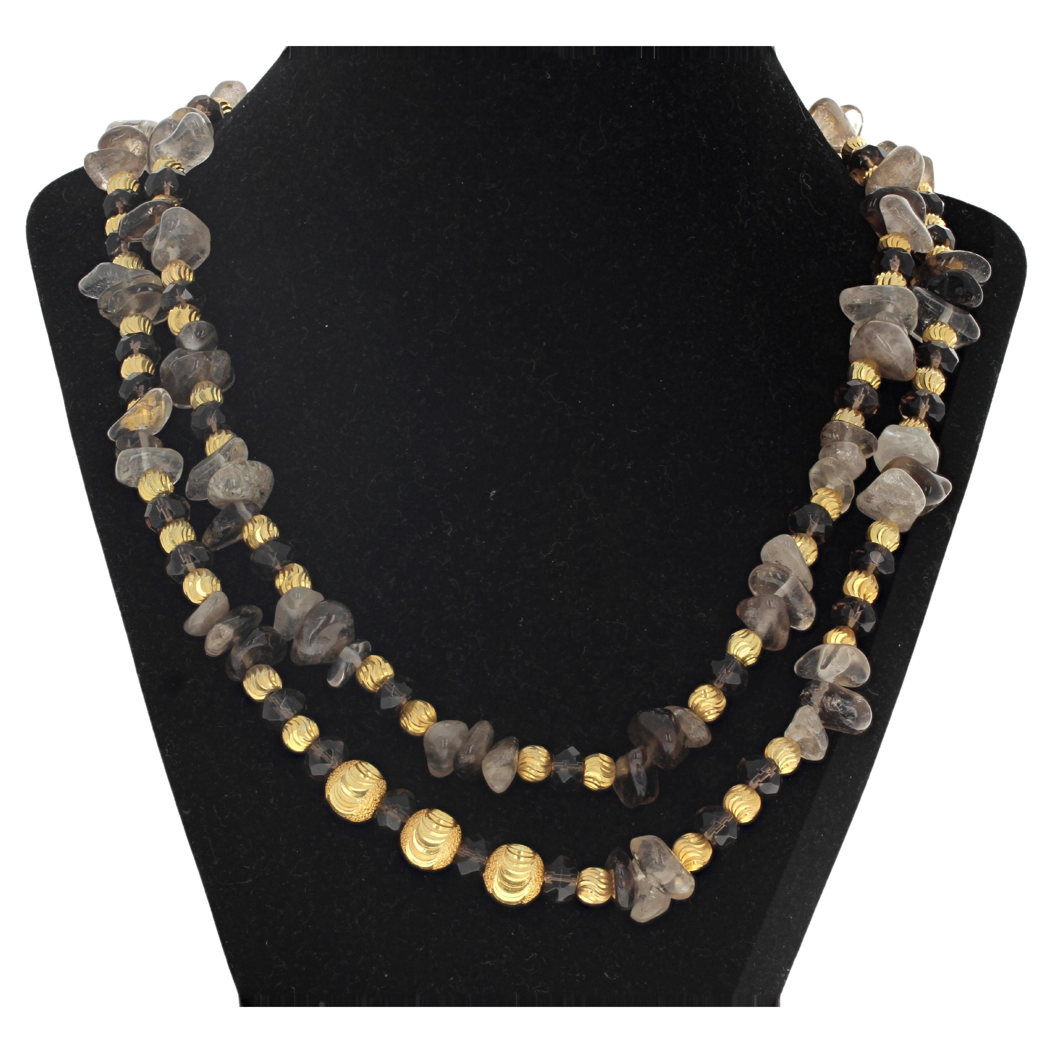 AJD Artistic Double Strand Smoky Quartz & Goldy Rondels Designer 19 1/2"Necklace For Sale