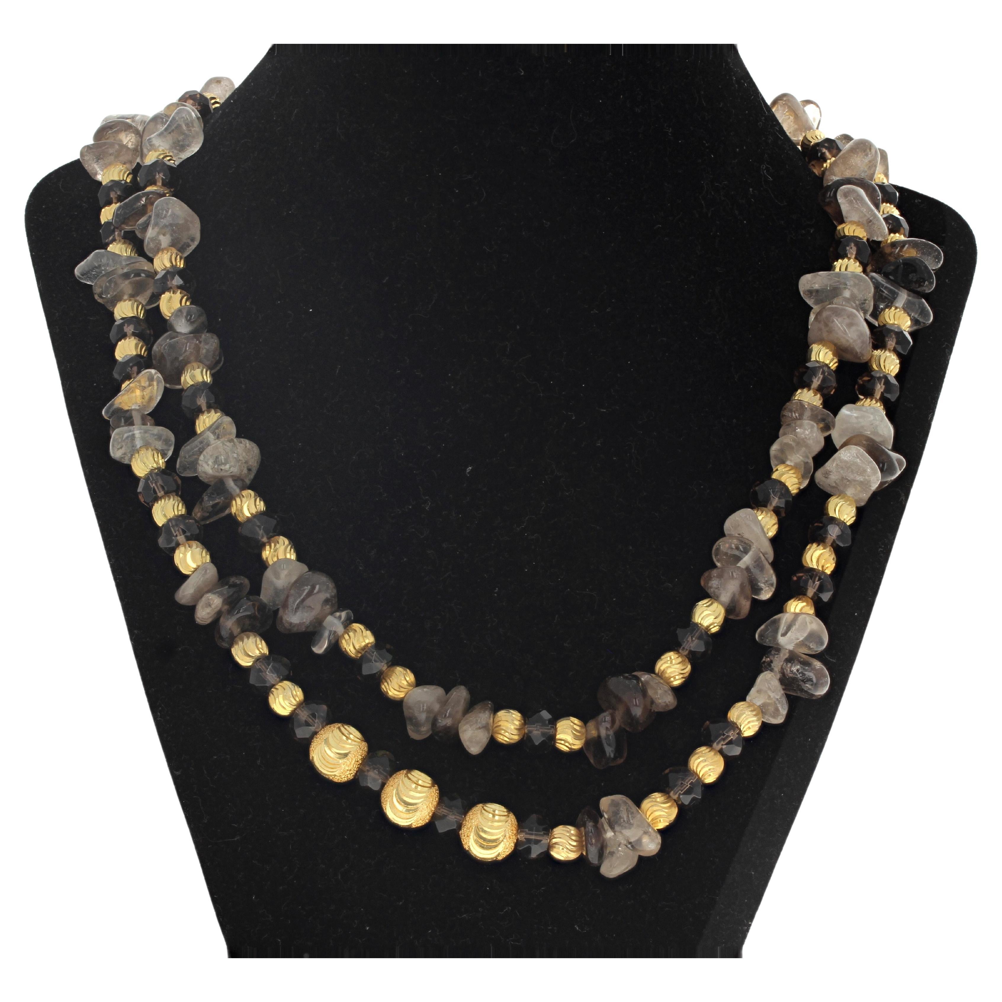 AJD Artistic Double Strand Smoky Quartz & Goldy Rondels Designer 19 1/2"Necklace