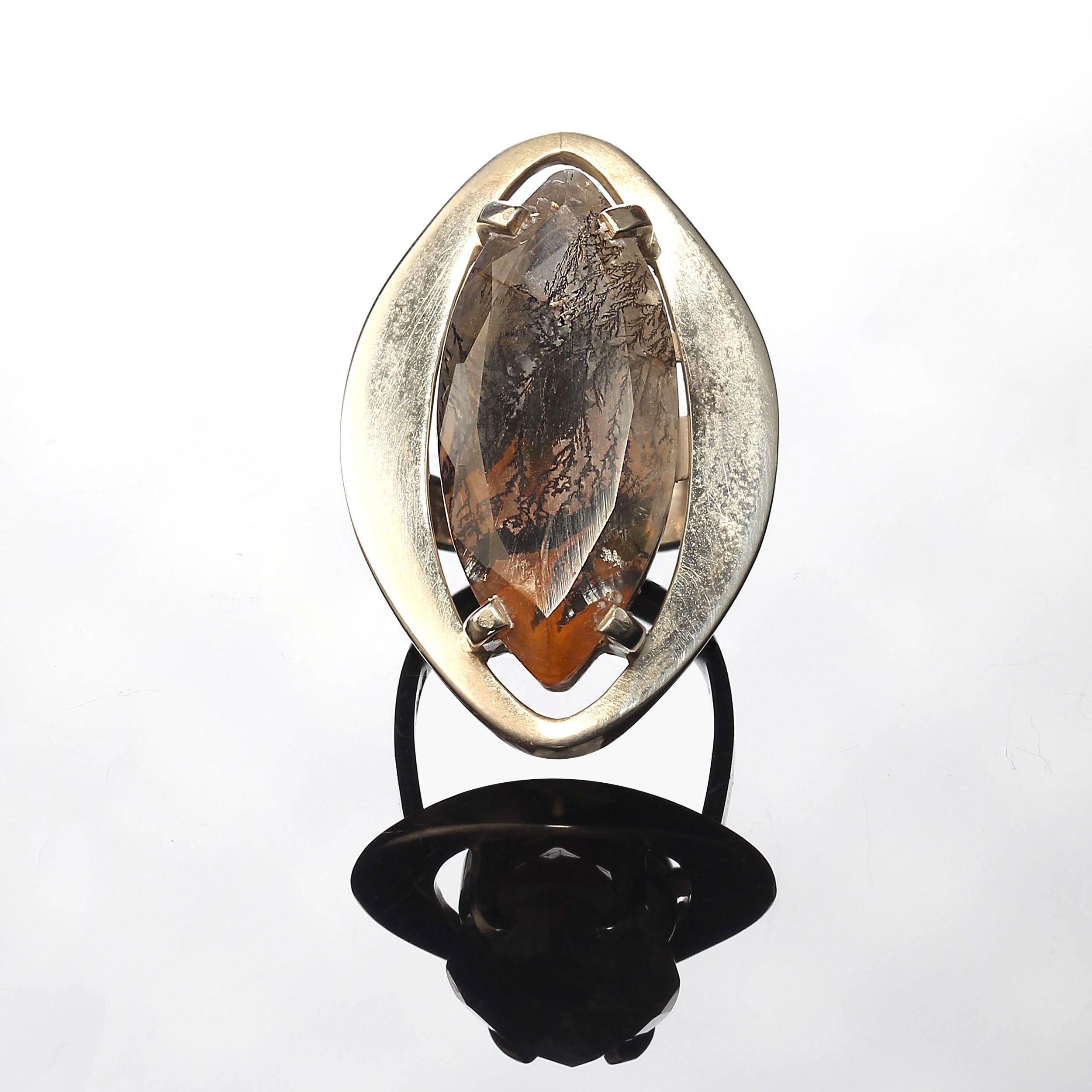 Women's or Men's AJD Dramatic Black & Orange Dendritic Quartz in Handmade Sterling Silver Ring For Sale