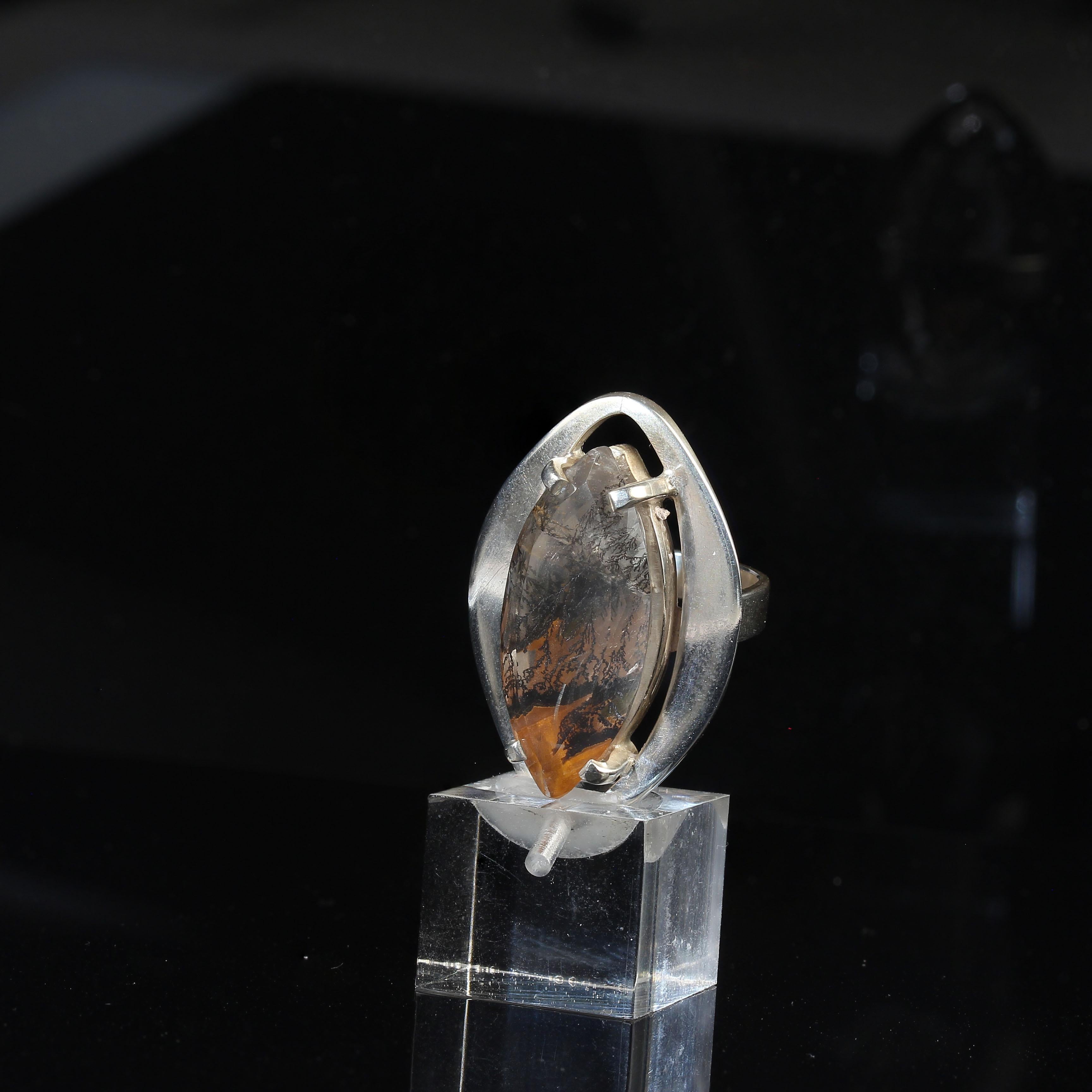 AJD Dramatic Black & Orange Dendritic Quartz in Handmade Sterling Silver Ring For Sale 1