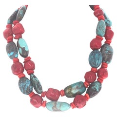 AJD Dramatic Elegant Double Strand of Natural Real Turquoise & Coral Necklace