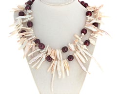 AJD Dramatic Natural Cultured White Pearl Leafs & Burgundy Pearls Necklace