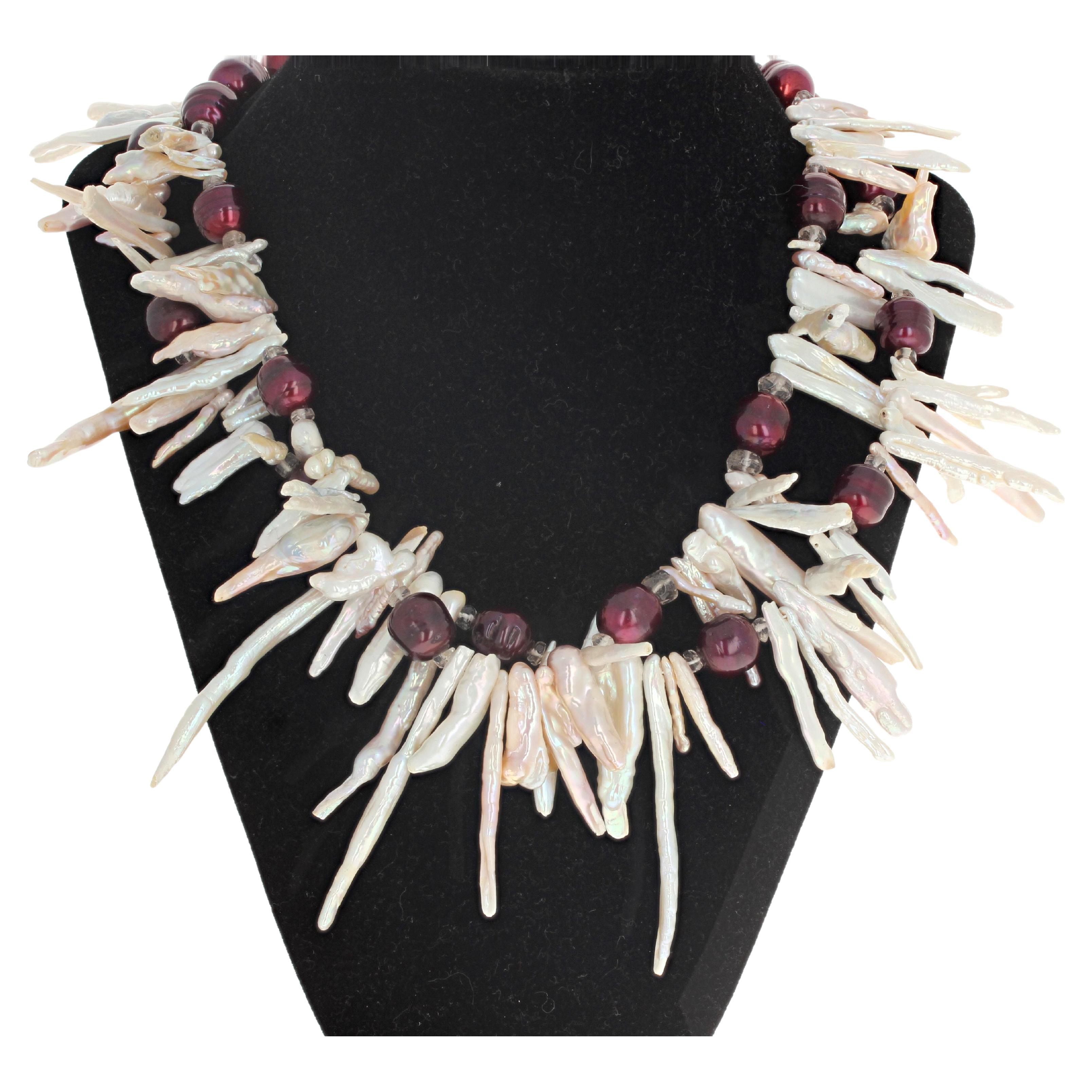 AJD Dramatic Natural Cultured White Pearls Leaf & Burgundy Pearls Necklace For Sale