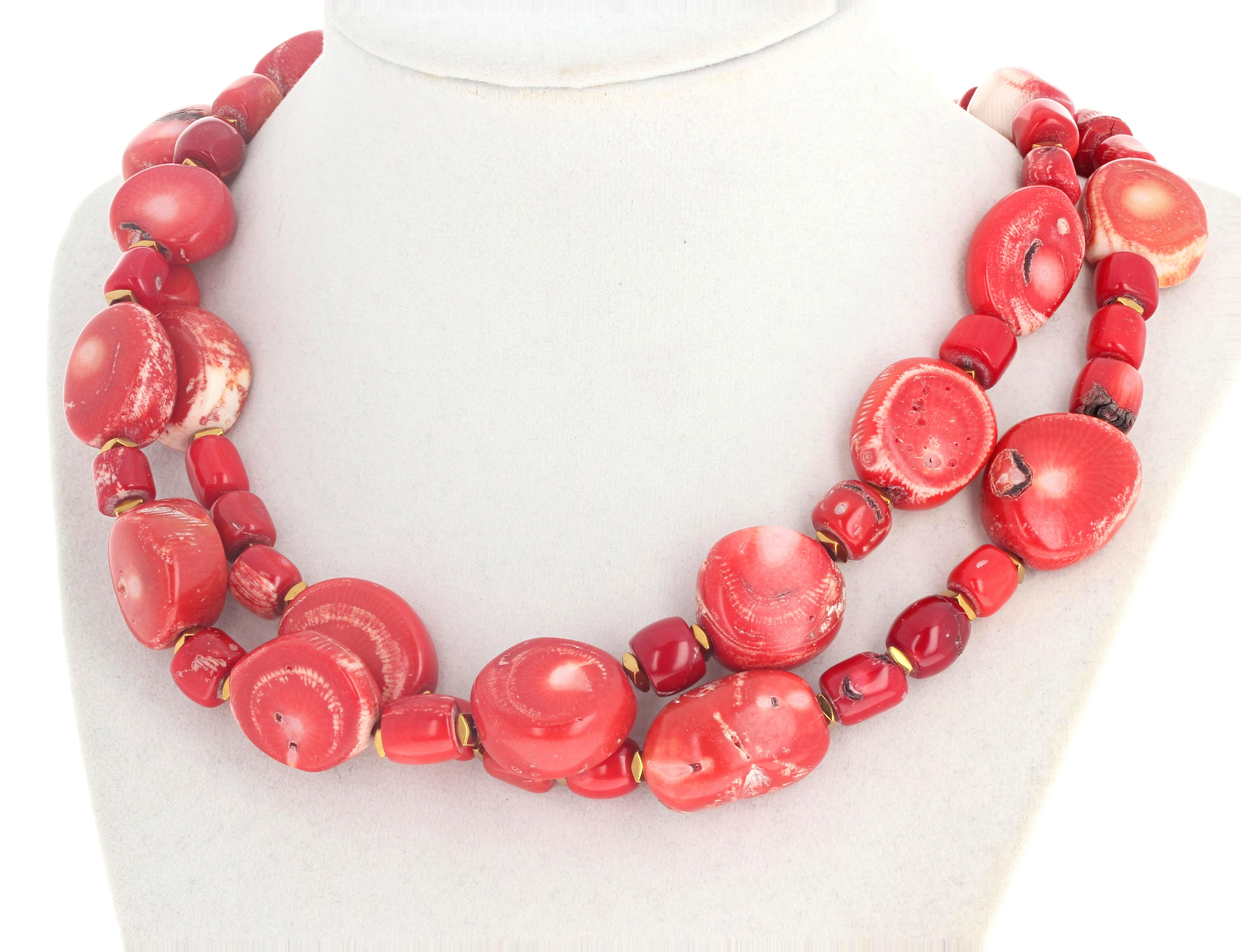 These real very red natural Bamboo Coral in this 17 1/2 inch long necklace are enhanced with glowing gold plated gemcut rondel spacers.  The larger Coral are approximately 24mm x 18mm.  The gold plated clasp is an easy to use slide-in clasp.  