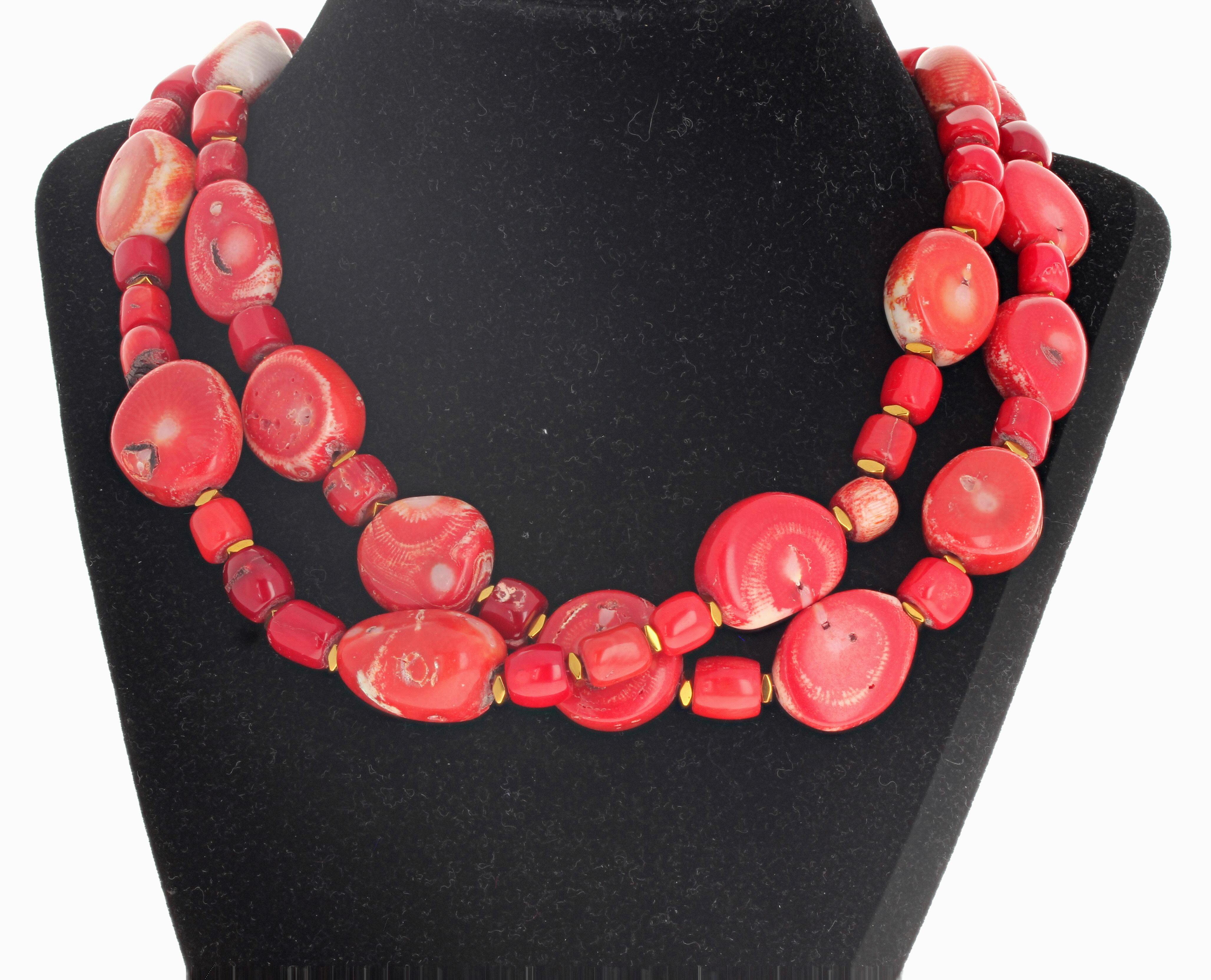 Mixed Cut AJD Dramatic Natural Double Strand Red Bamboo Coral Necklace For Sale