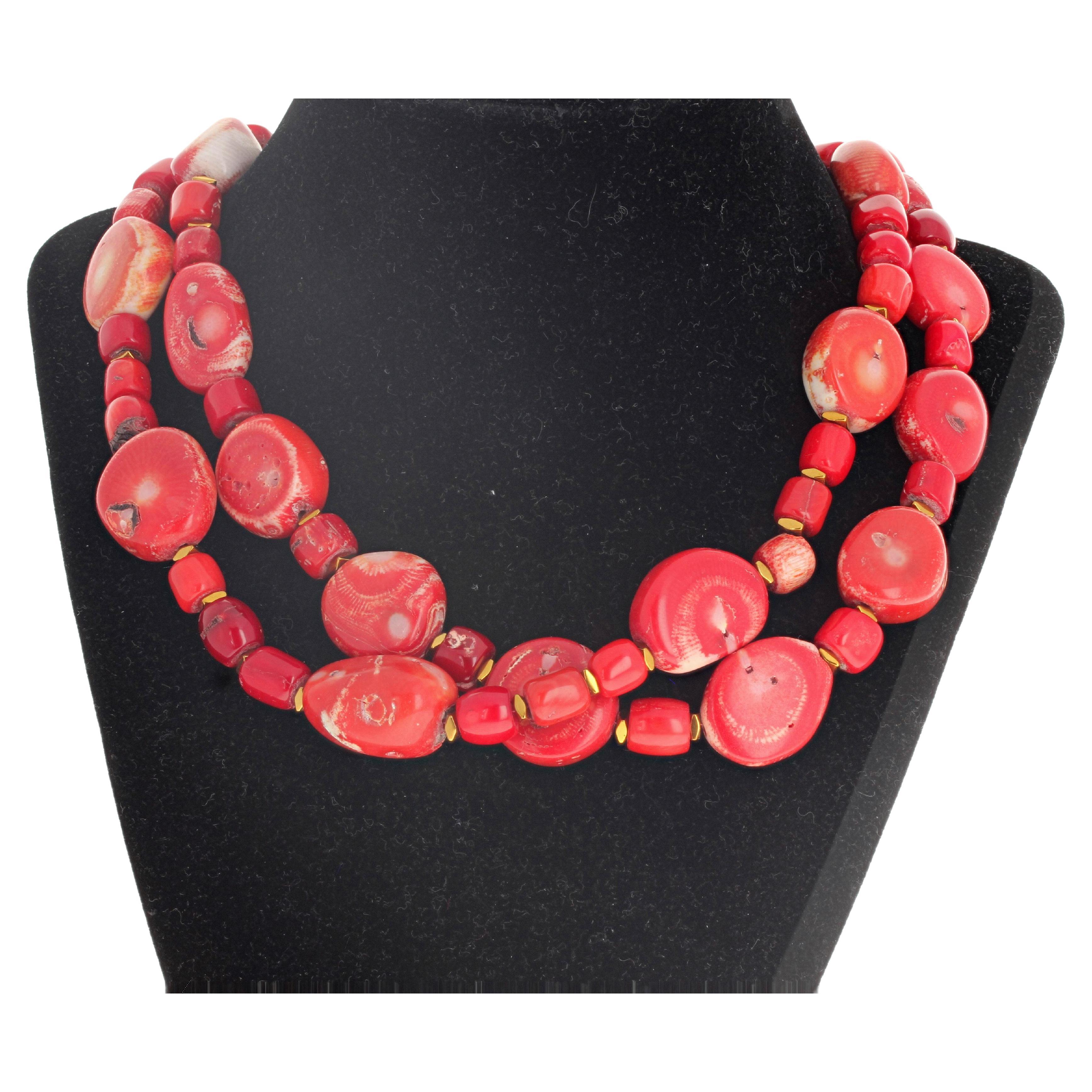 AJD Dramatic Natural Double Strand Red Bamboo Coral Necklace For Sale