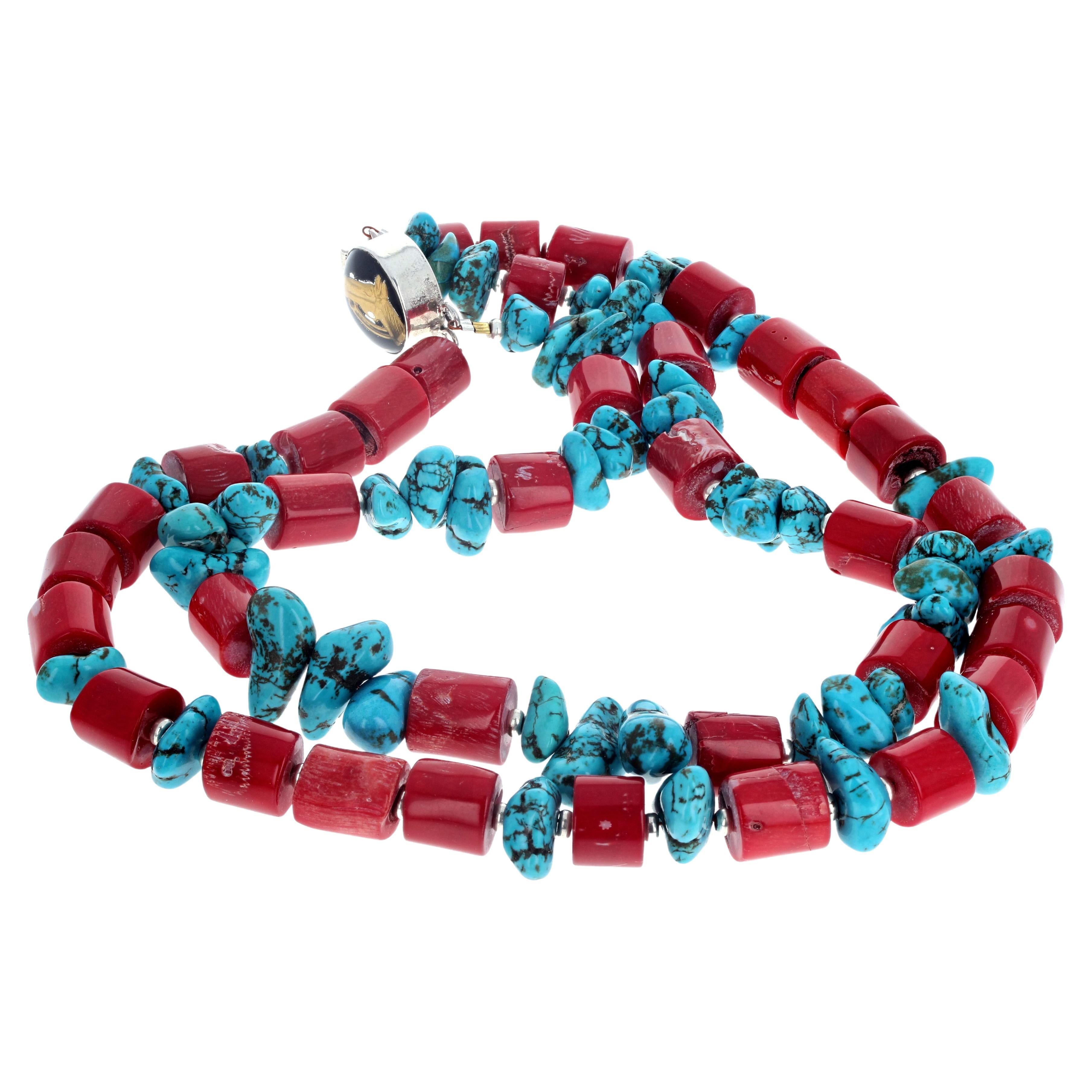 These beautifully polished chunky little chips of real blue Turquoise enhance this 17 inches long double strand Turquoise and natural red real Coral necklace. These are all natural gemstones.  The largest red Coral are approximately 14mm x 12mm. 