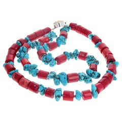 AJD Dramatic Turquoise and Red Coral Double Strand Necklace