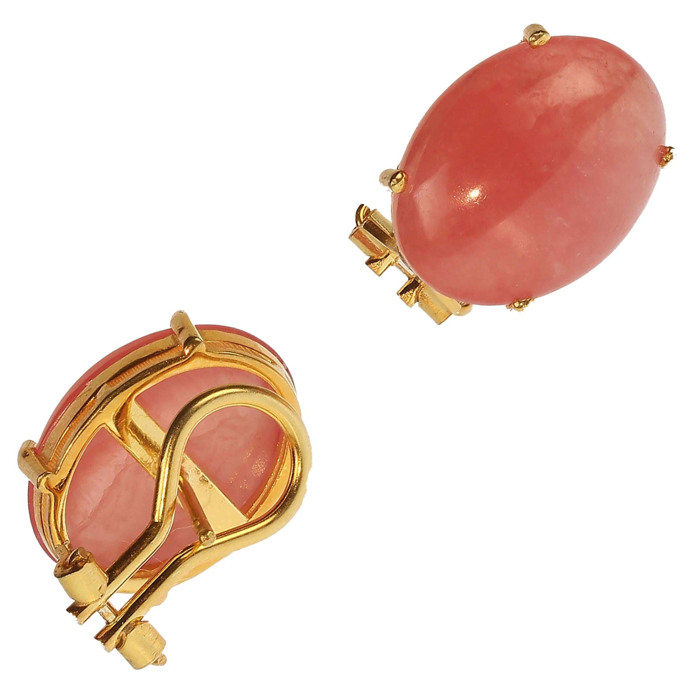 Artisan AJD Dreamy Oval Cabochon Rhodochrosite Earrings in Gold over Sterling Silver For Sale